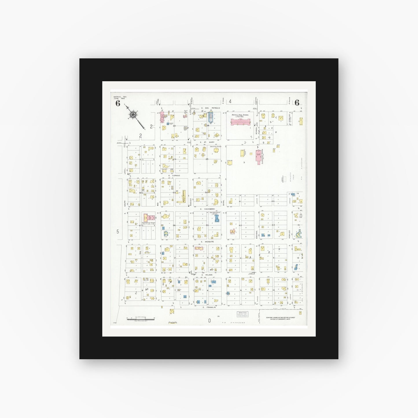 Old map wall art mockup — black gallery frame with white mat — Sanborn Fire Insurance Map from Mathis, San Patricio County, Texas (1950), Sheet #0006