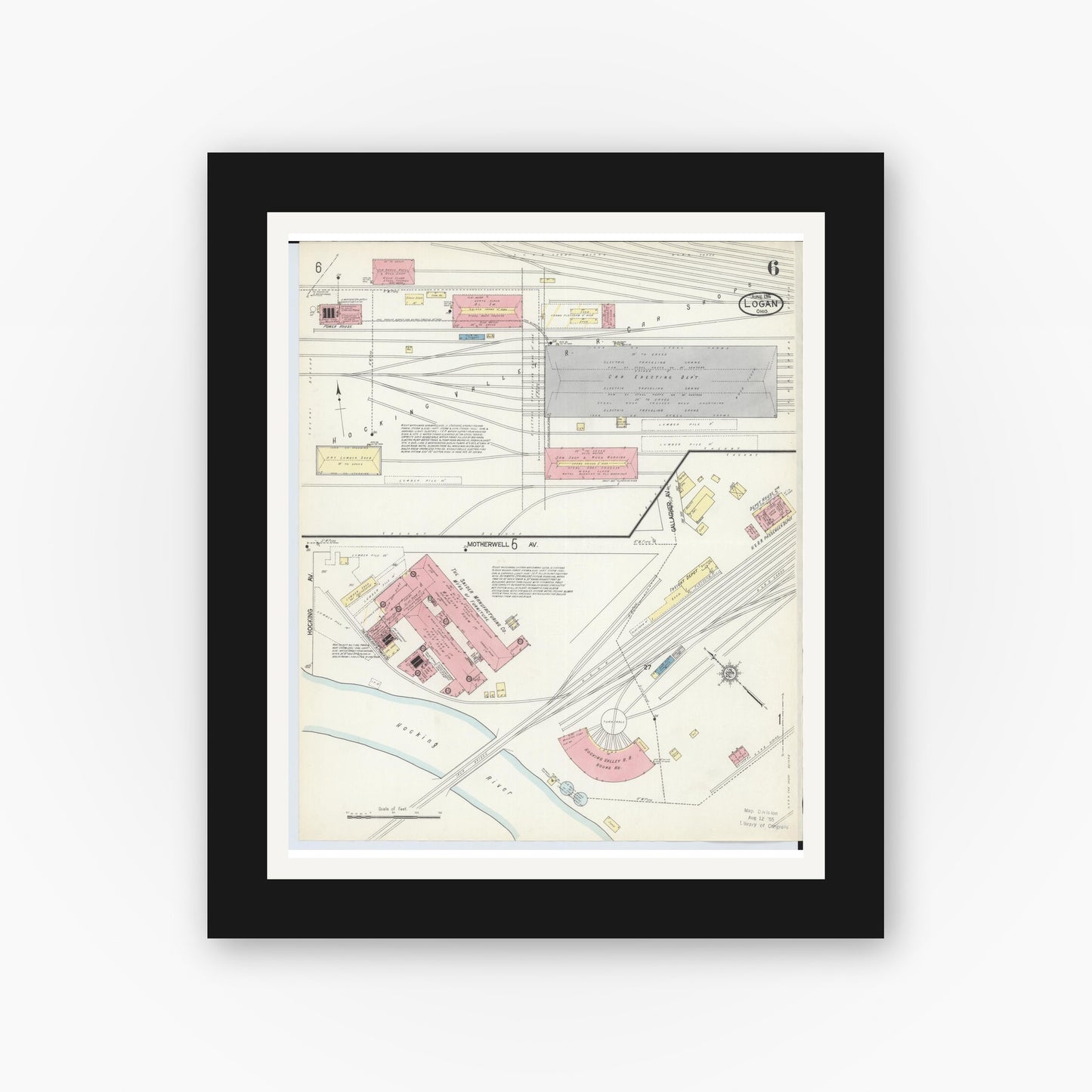 Old map wall art mockup — black gallery frame with white mat — Sanborn Fire Insurance Map from Logan, Hocking County, Ohio (1914), Sheet #0006