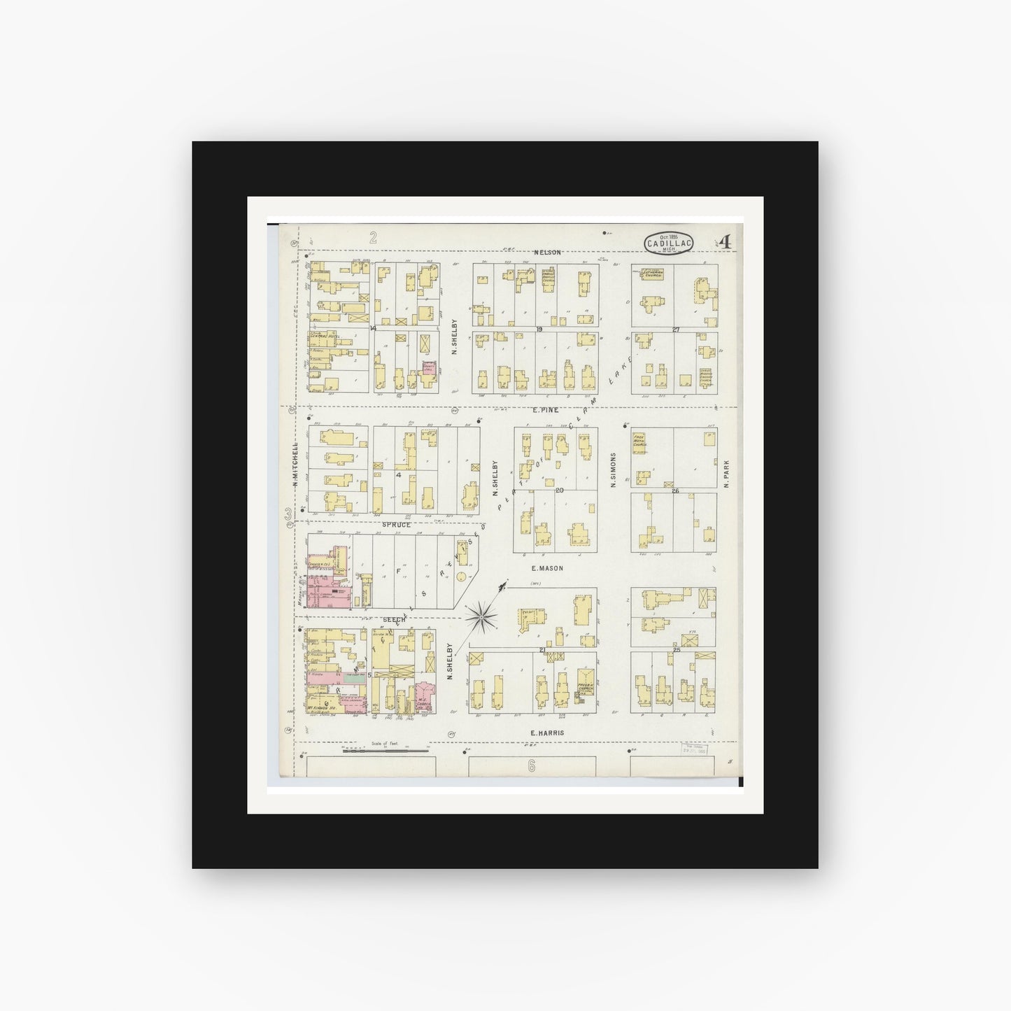 Old map wall art mockup — black gallery frame with white mat — Sanborn Fire Insurance Map from Cadillac, Wexford County, Michigan (1895), Sheet #0004