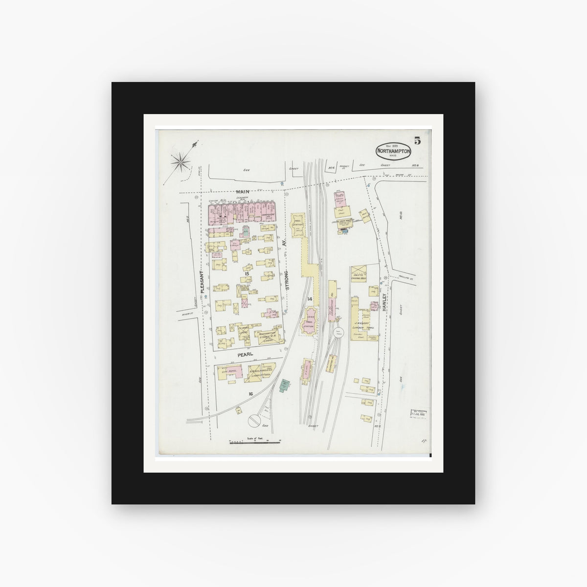 Old map wall art mockup — black gallery frame with white mat — Sanborn Fire Insurance Map from Northampton, Hampshire County, Massachusetts (1889), Sheet #0005