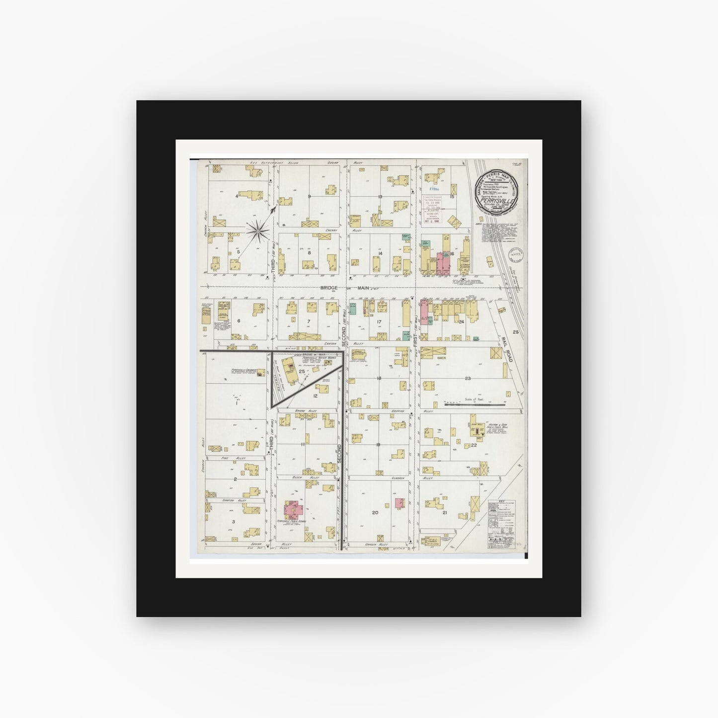 Old map wall art mockup — black gallery frame with white mat — Sanborn Fire Insurance Map from Perrysville, Ashland County, Ohio (1900), Sheet #0001