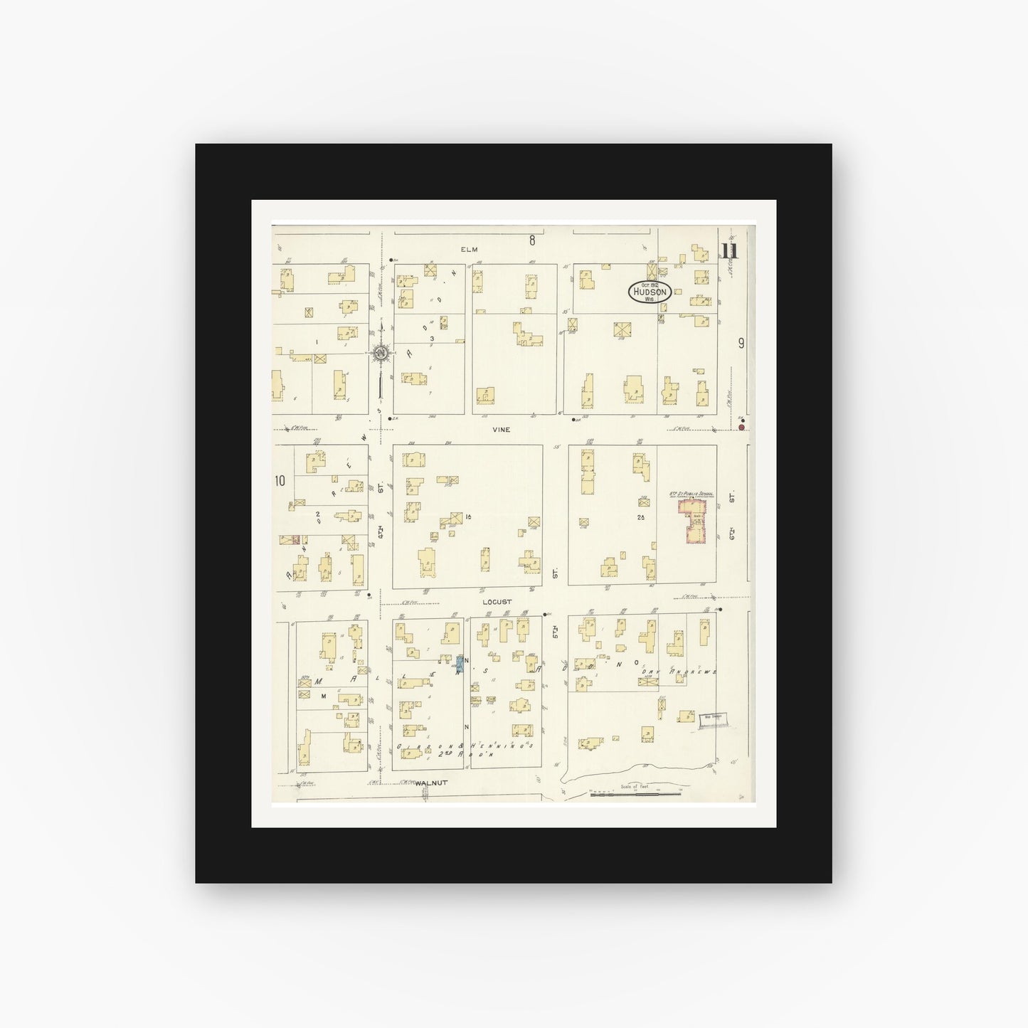 Old map wall art mockup — black gallery frame with white mat — Sanborn Fire Insurance Map from Hudson, St. Croix County, Wisconsin (1912), Sheet #0011
