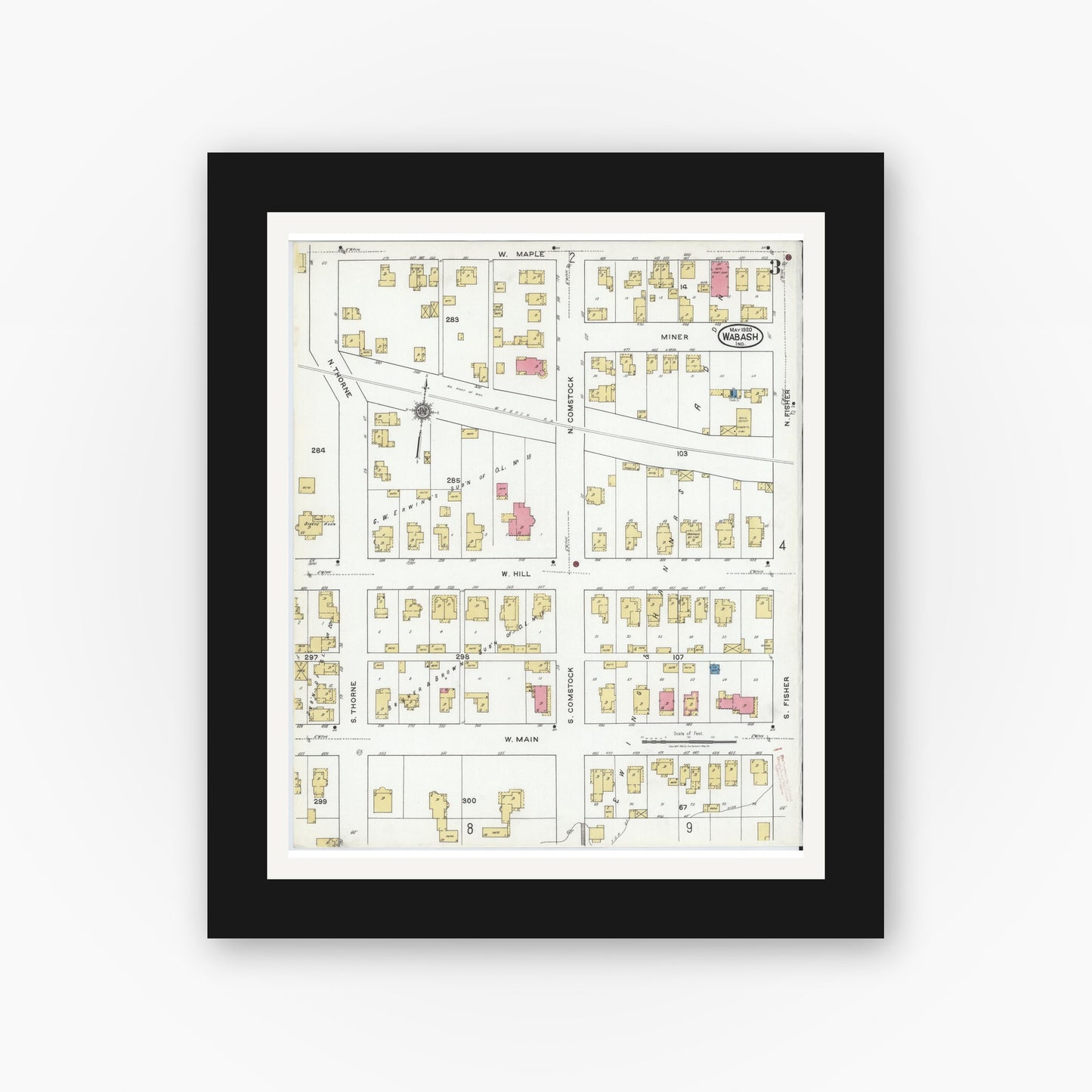 Old map wall art mockup — black gallery frame with white mat — Sanborn Fire Insurance Map from Wabash, Wabash County, Indiana (1920), Sheet #0003