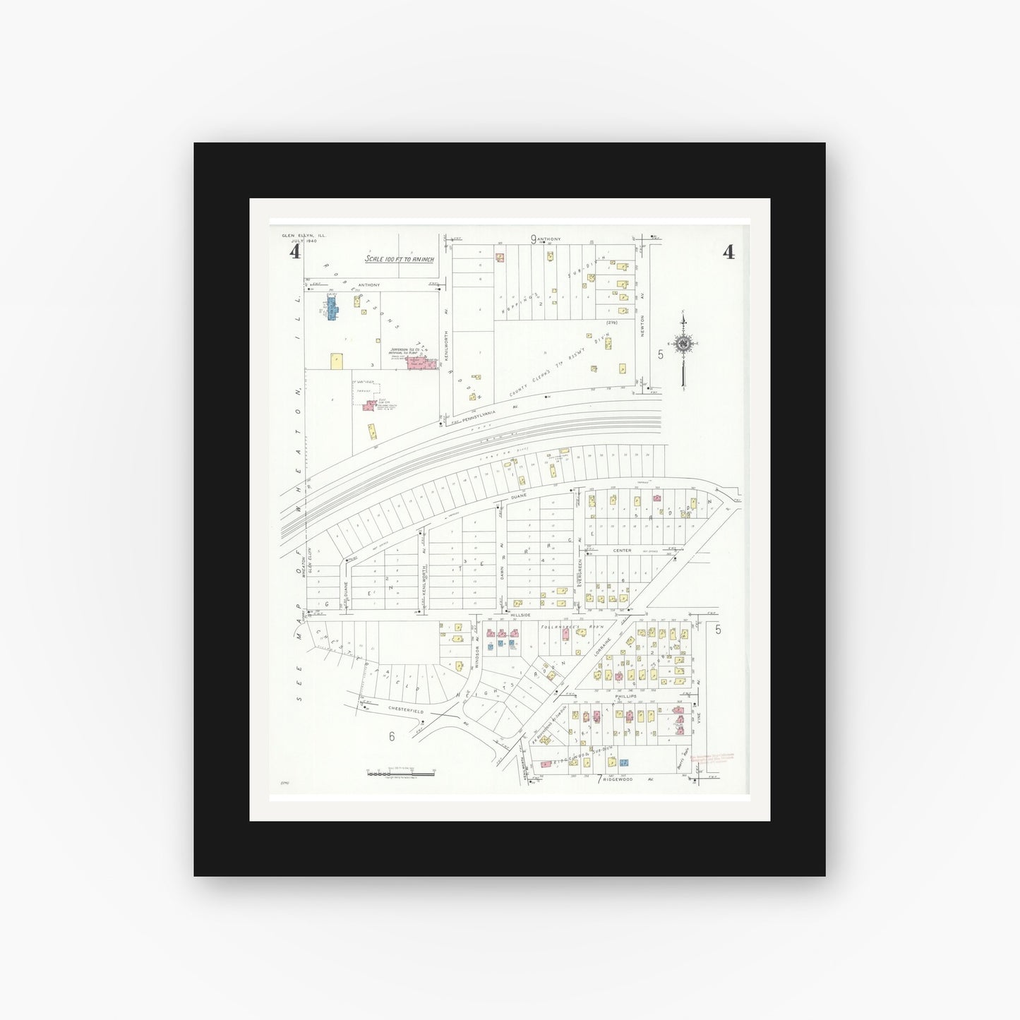 Old map wall art mockup — black gallery frame with white mat — Sanborn Fire Insurance Map from Glen Ellyn, Du Page County, Illinois (1940), Sheet #0004