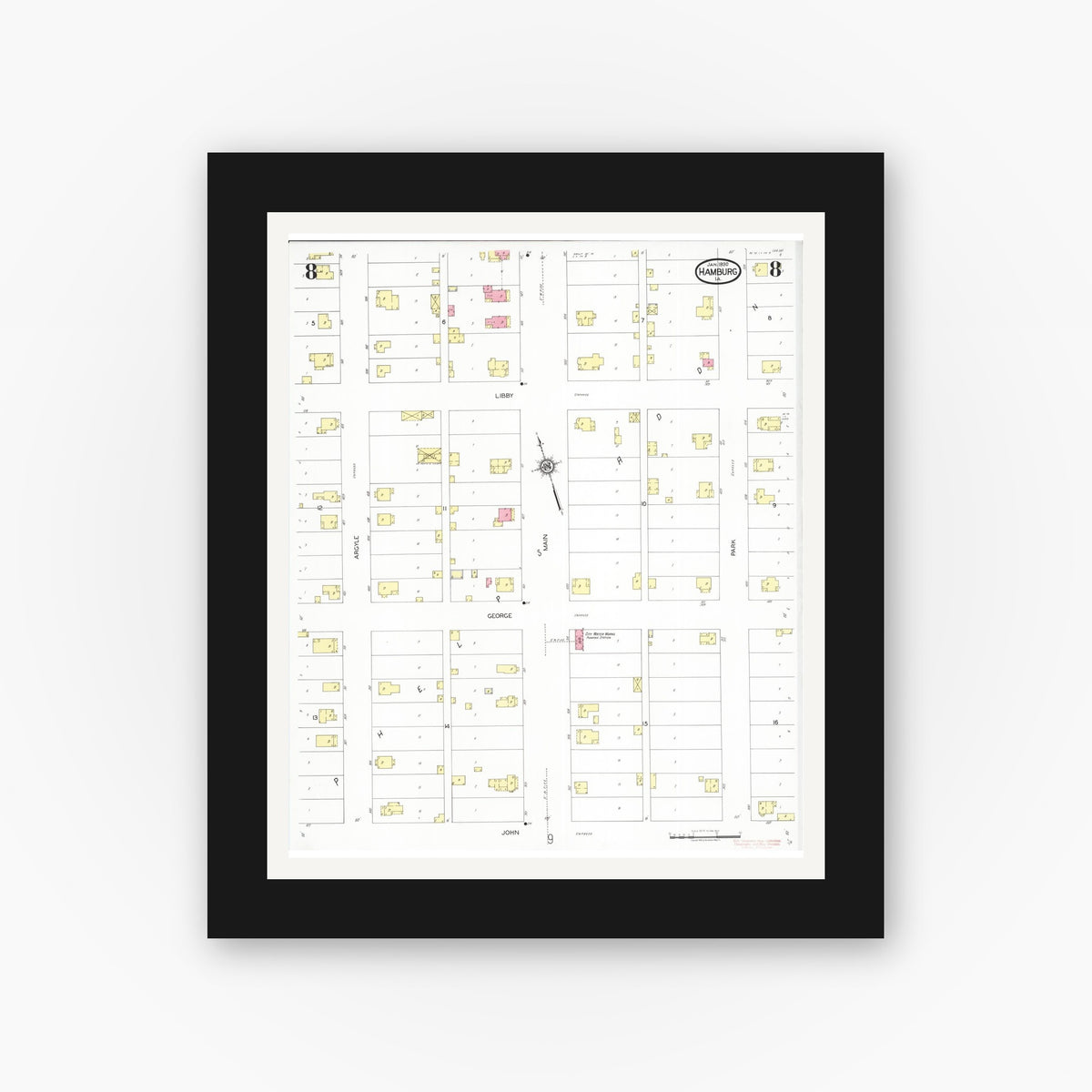 Old map wall art mockup — black gallery frame with white mat — Sanborn Fire Insurance Map from Hamburg, Fremont County, Iowa (1930), Sheet #0008