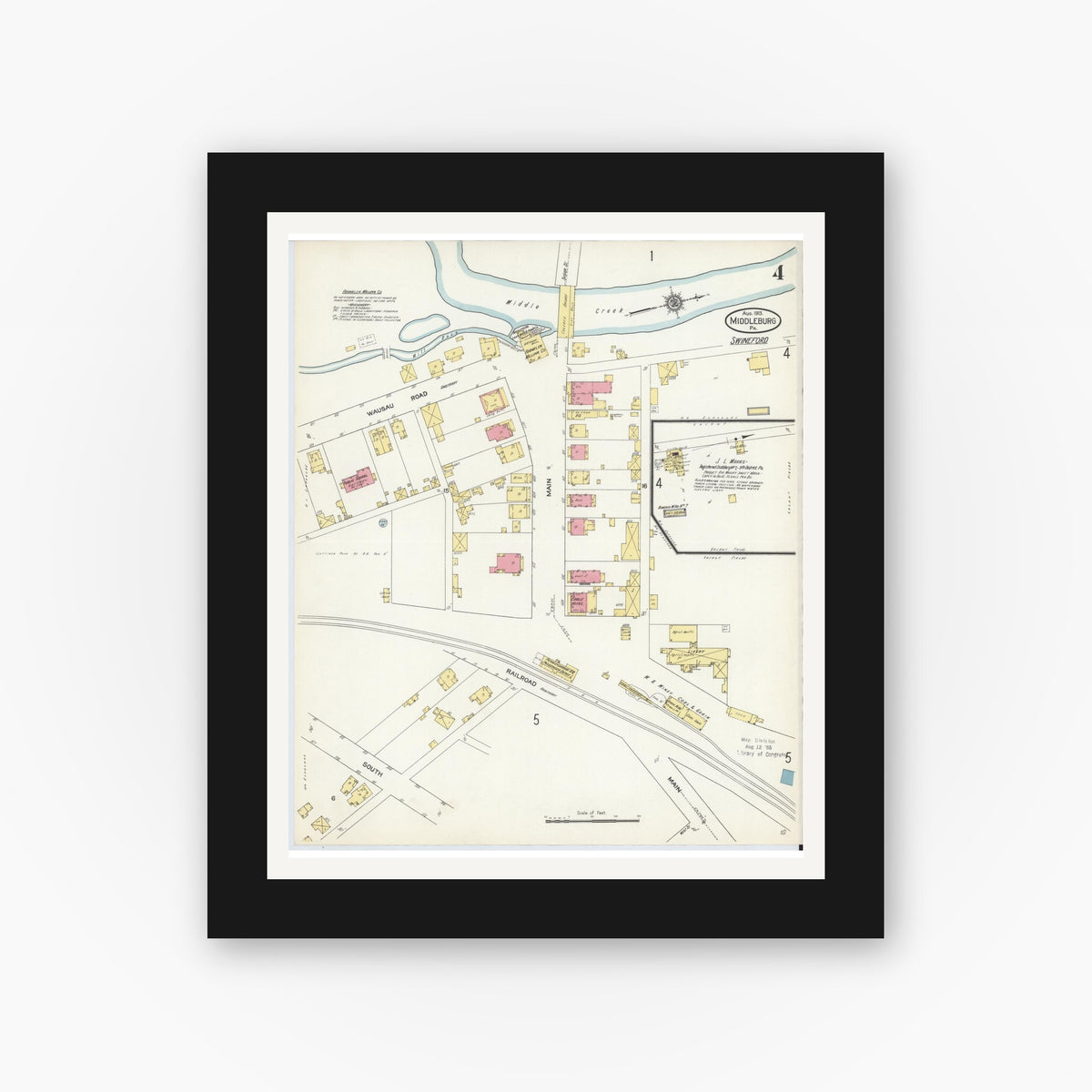 Old map wall art mockup — black gallery frame with white mat — Sanborn Fire Insurance Map from Middleburg, Snyder County, Pennsylvania (1913), Sheet #0004