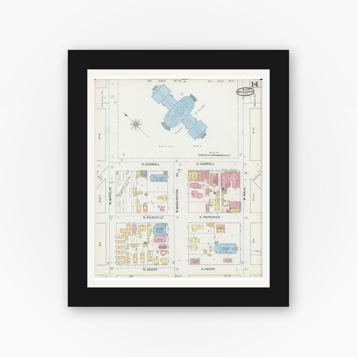 Old map wall art mockup — black gallery frame with white mat — Sanborn Fire Insurance Map from Madison, Dane County, Wisconsin (1892), Sheet #0014
