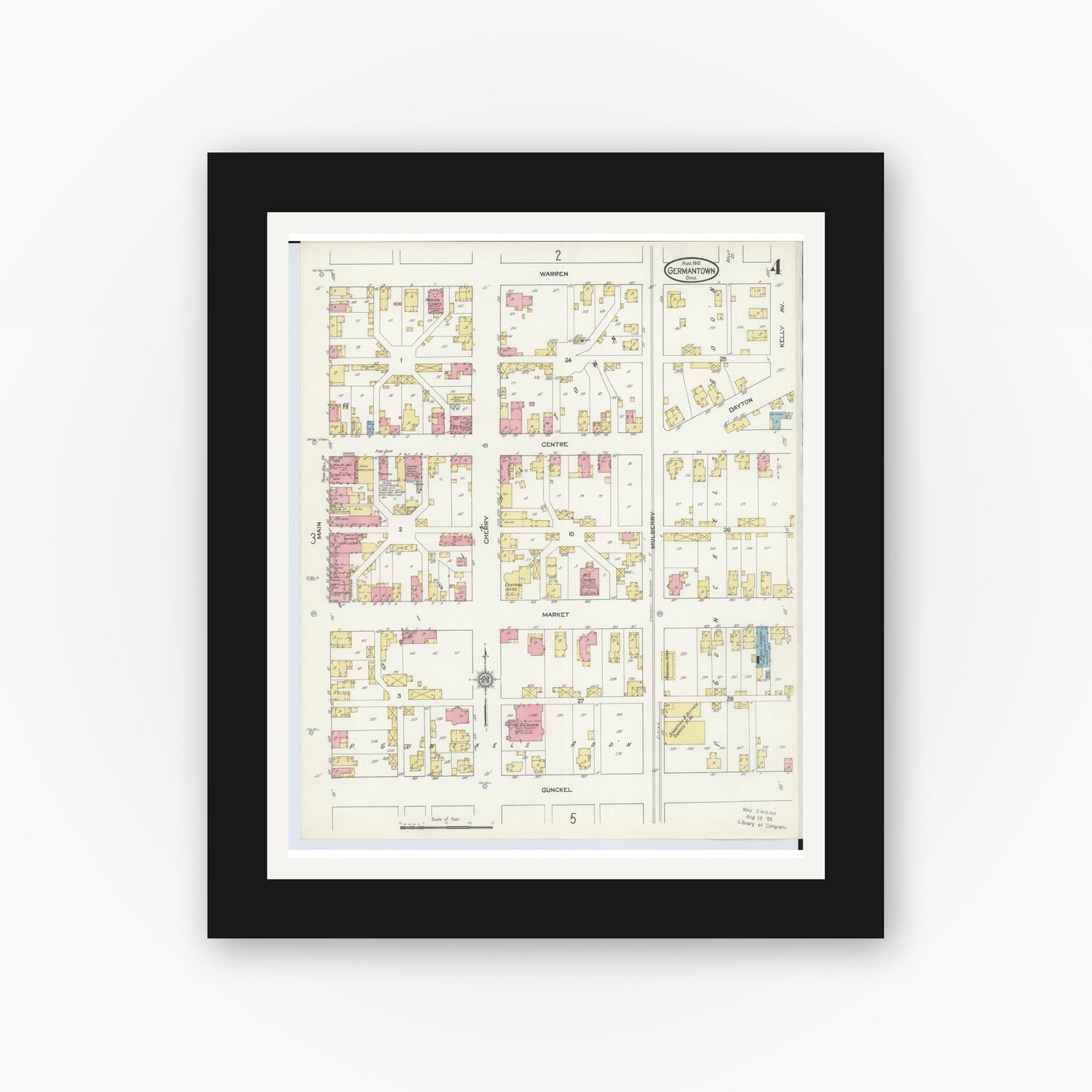 Old map wall art mockup — black gallery frame with white mat — Sanborn Fire Insurance Map from Germantown, Montgomery County, Ohio (1912), Sheet #0004