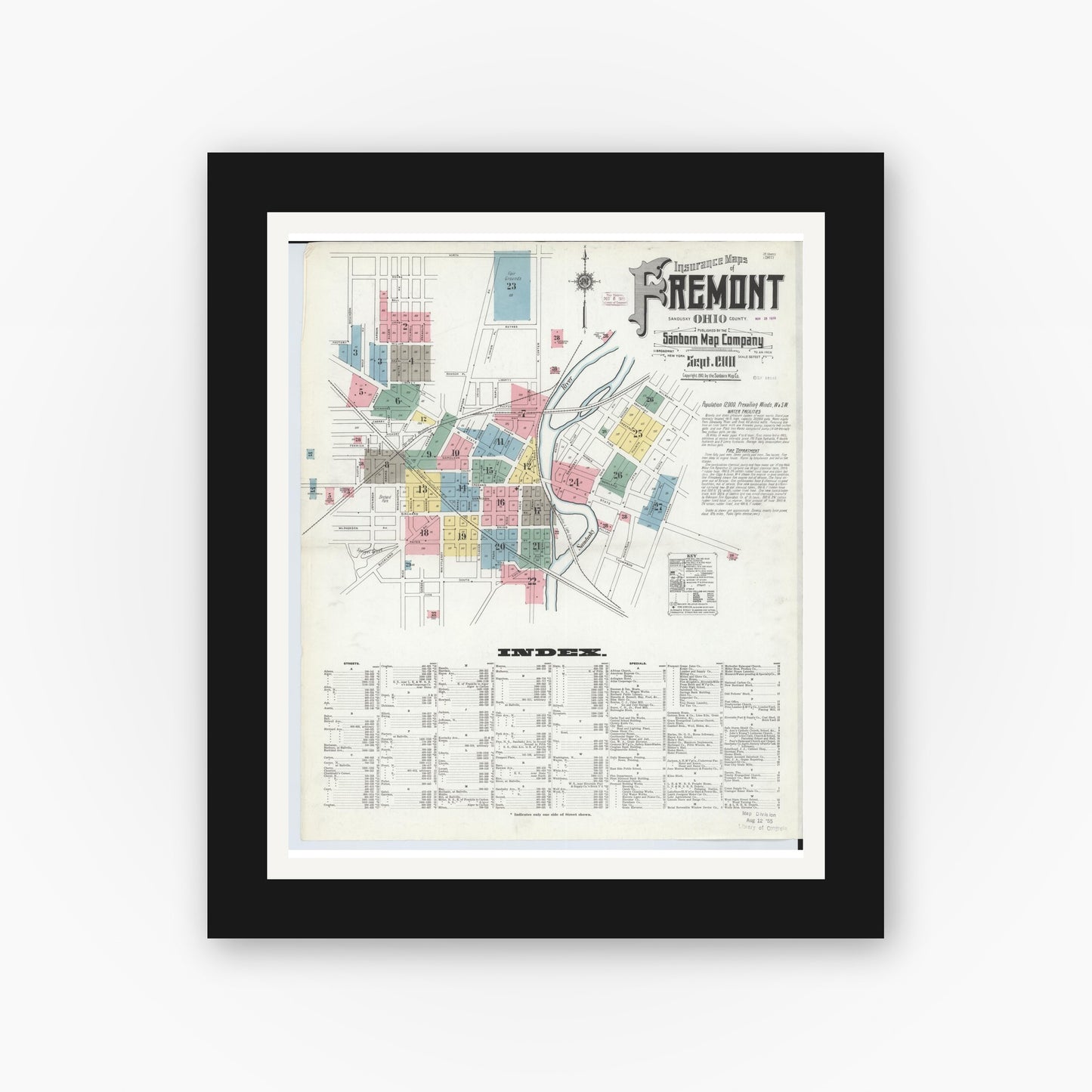 Old map wall art mockup — black gallery frame with white mat — Sanborn Fire Insurance Map from Fremont, Sandusky County, Ohio (1910), Sheet #0001
