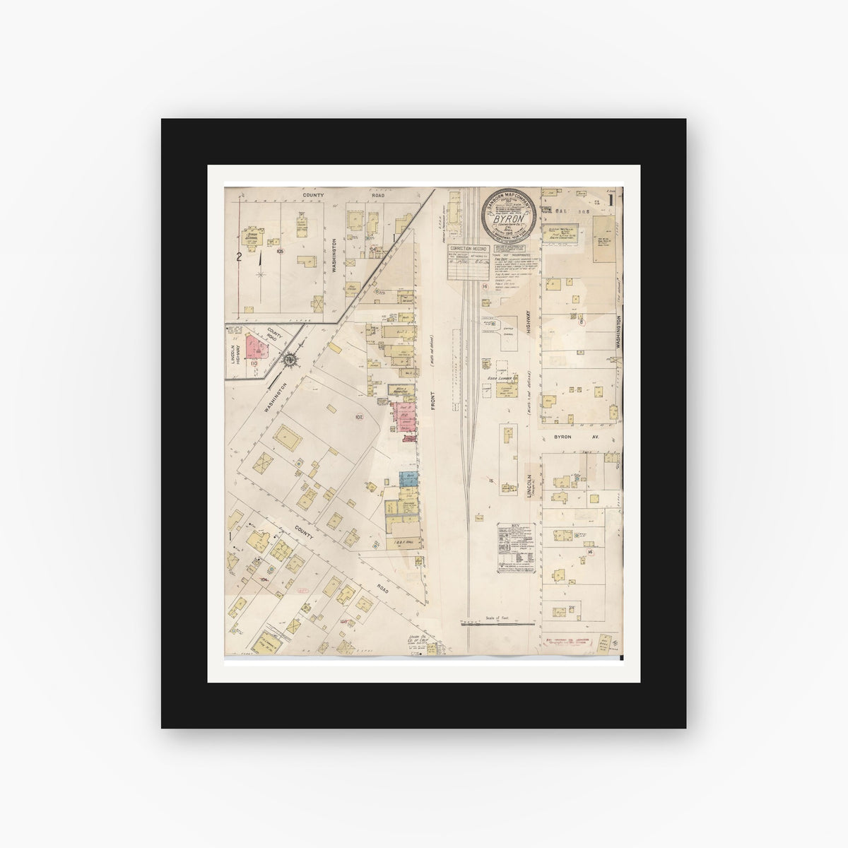 Old map wall art mockup — black gallery frame with white mat — Sanborn Fire Insurance Map from Byron, Contra Costa County, California (1932), Sheet #0001