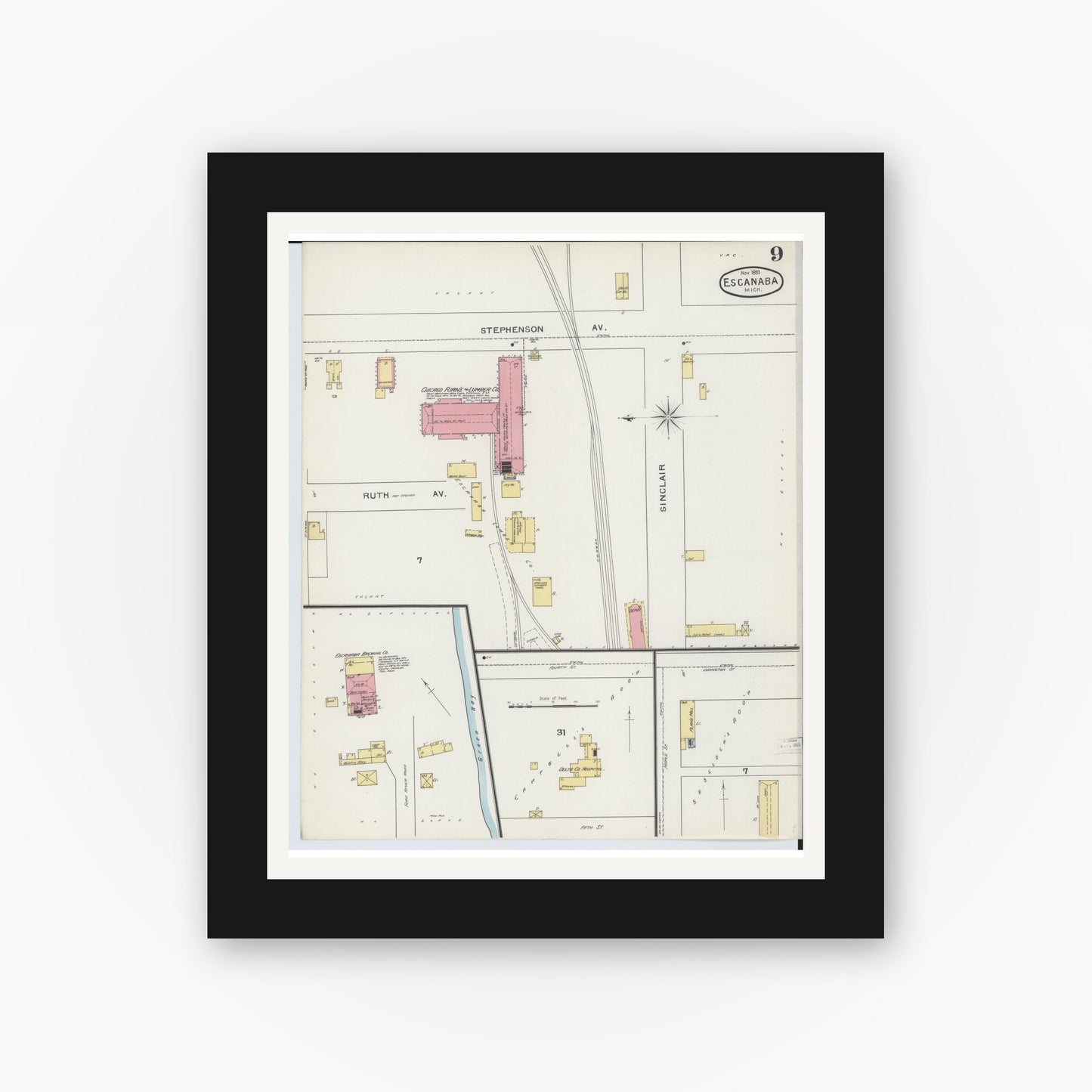 Old map wall art mockup — black gallery frame with white mat — Sanborn Fire Insurance Map from Escanaba, Delta County, Michigan (1893), Sheet #0009