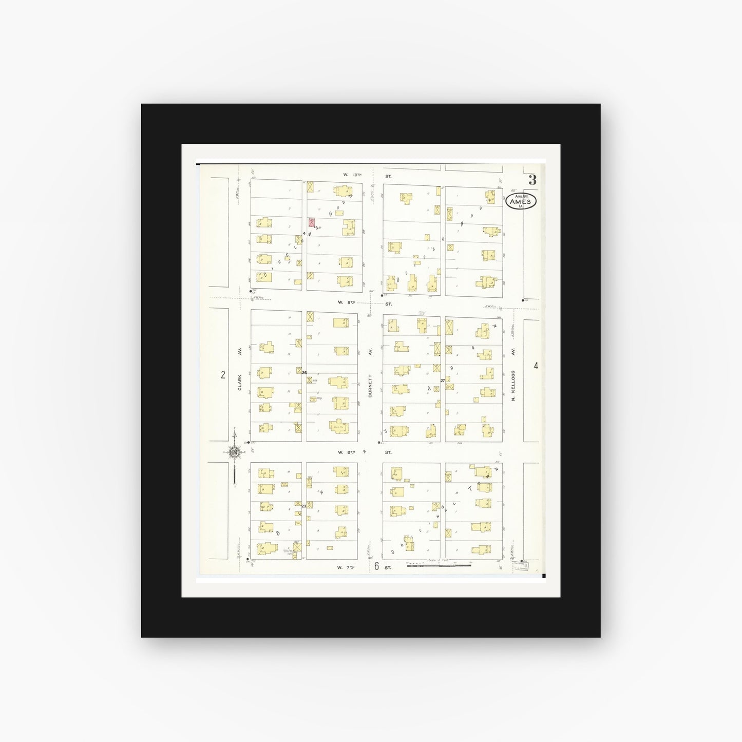 Old map wall art mockup β black gallery frame with white mat β Sanborn Fire Insurance Map from Ames, Story County, Iowa (1911), Sheet #0003