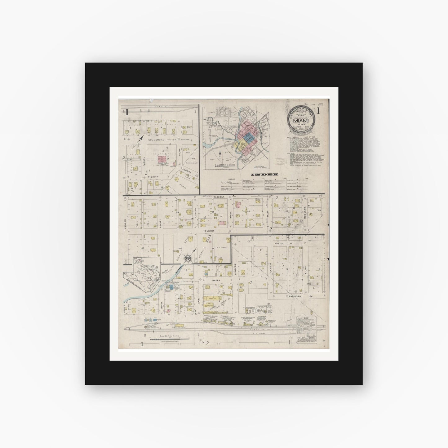 Old map wall art mockup — black gallery frame with white mat — Sanborn Fire Insurance Map from Miami, Roberts County, Texas (1929), Sheet #0001
