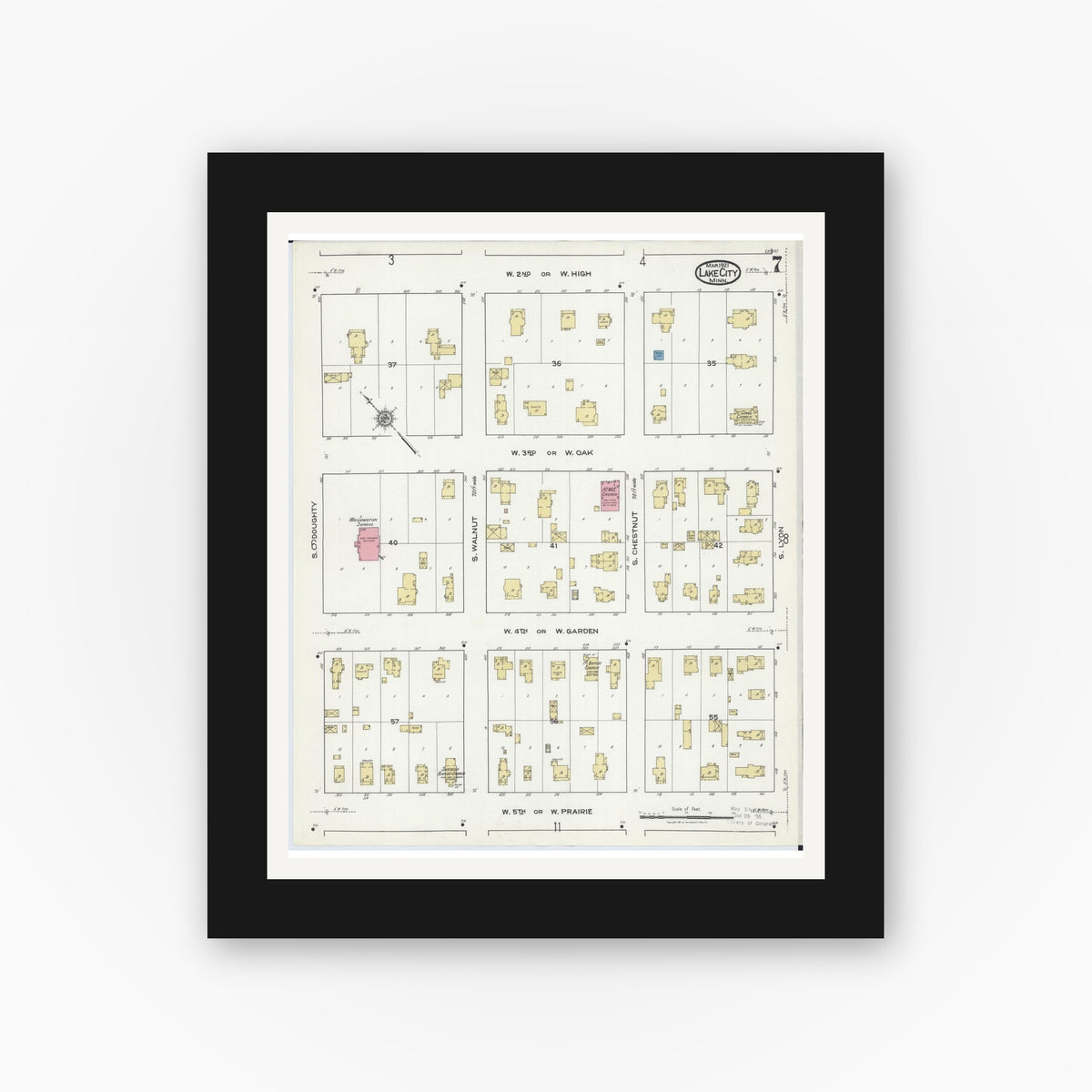 Old map wall art mockup — black gallery frame with white mat — Sanborn Fire Insurance Map from Lake City, Wabasha County, Minnesota (1921), Sheet #0007