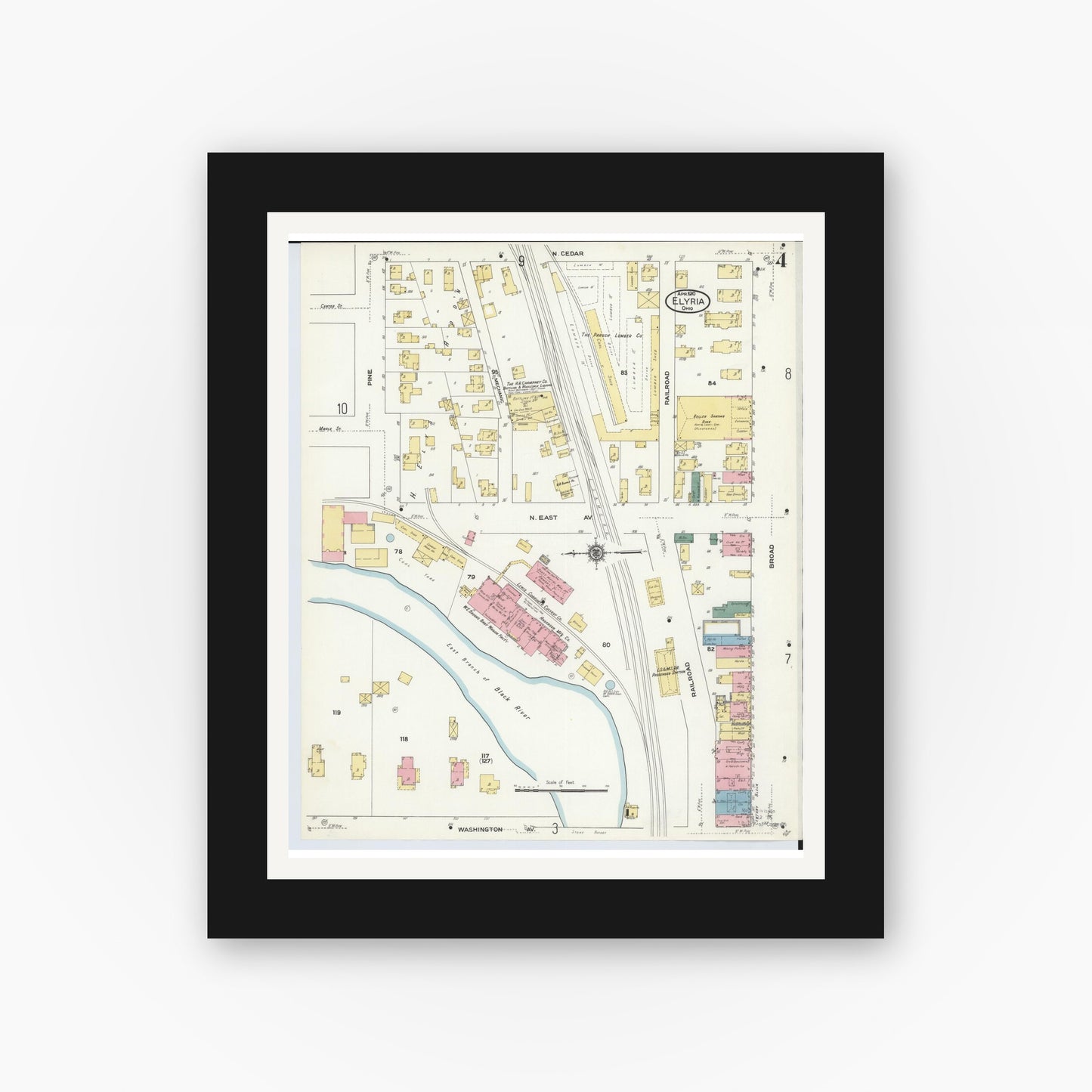 Old map wall art mockup — black gallery frame with white mat — Sanborn Fire Insurance Map from Elyria, Lorain County, Ohio (1910), Sheet #0004
