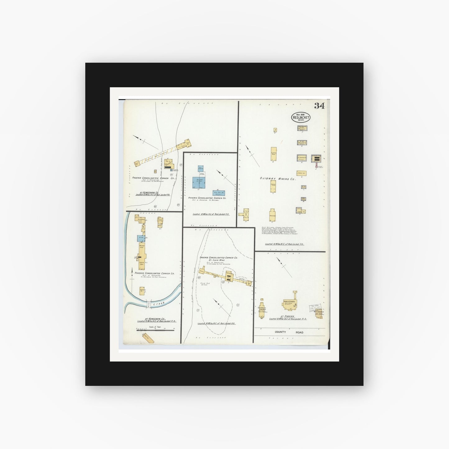 Old map wall art mockup — black gallery frame with white mat — Sanborn Fire Insurance Map from Red Jacket, Houghton County, Michigan (1908), Sheet #0034