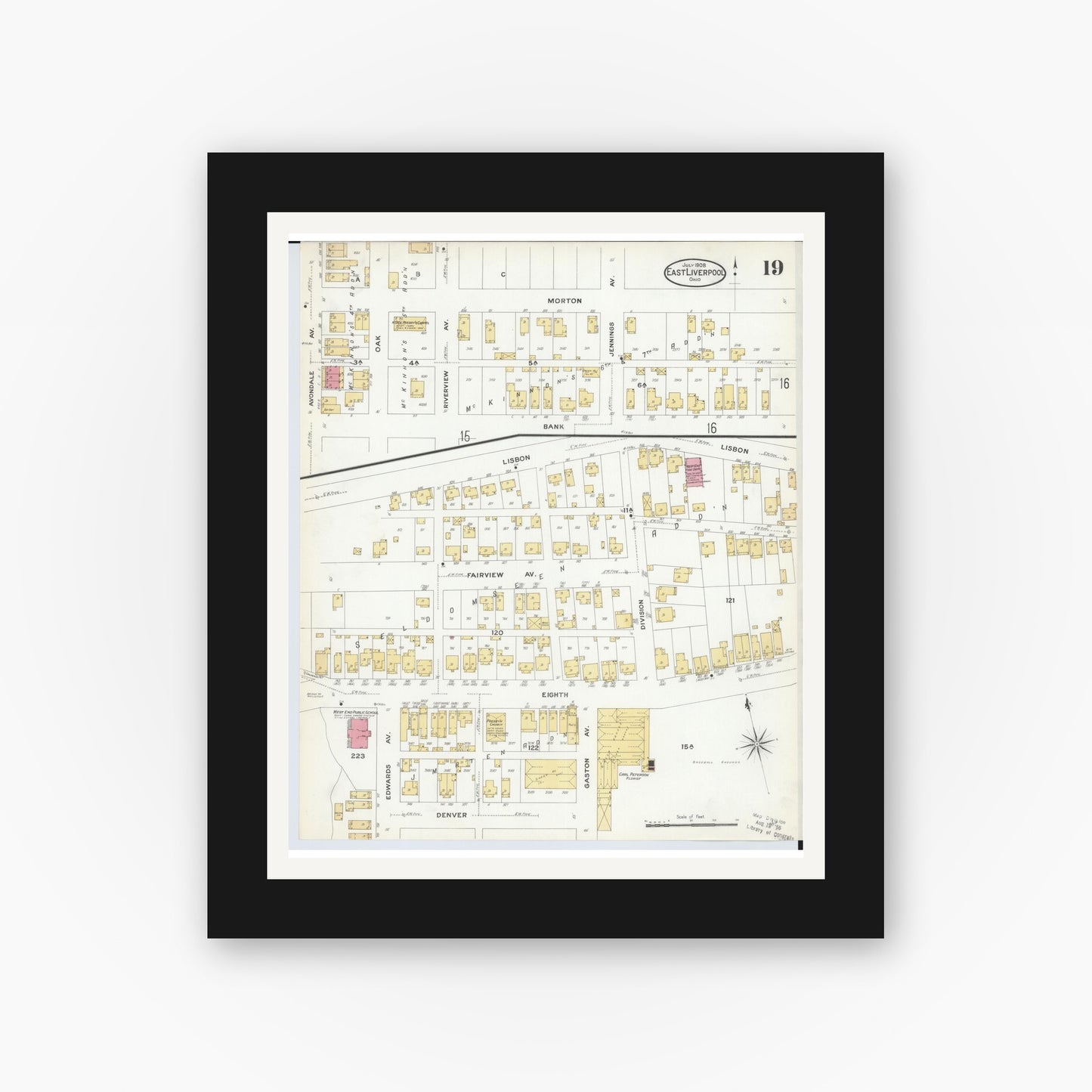 Old map wall art mockup — black gallery frame with white mat — Sanborn Fire Insurance Map from East Liverpool, Columbiana County, Ohio (1908), Sheet #0019
