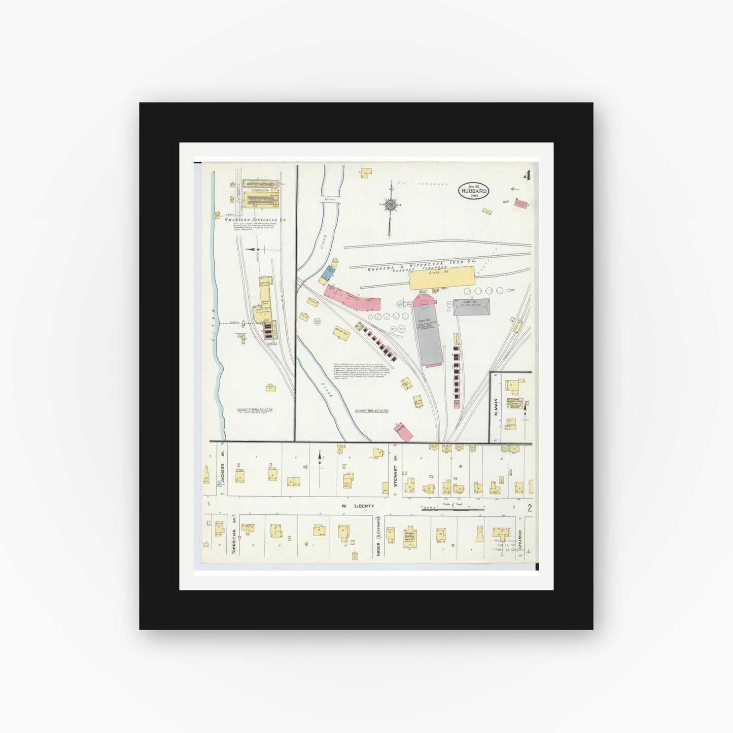 Old map wall art mockup — black gallery frame with white mat — Sanborn Fire Insurance Map from Hubbard, Trumbull County, Ohio (1911), Sheet #0004