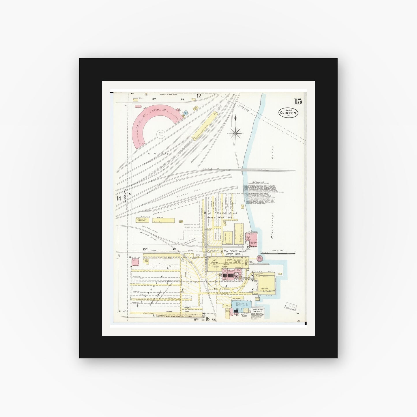 Old map wall art mockup — black gallery frame with white mat — Sanborn Fire Insurance Map from Clinton, Clinton County, Iowa (1897), Sheet #0015