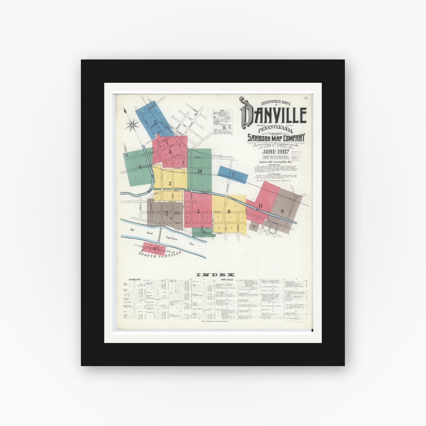 Old map wall art mockup — black gallery frame with white mat — Sanborn Fire Insurance Map from Danville, Montour County, Pennsylvania (1907) - Complete Map Set
