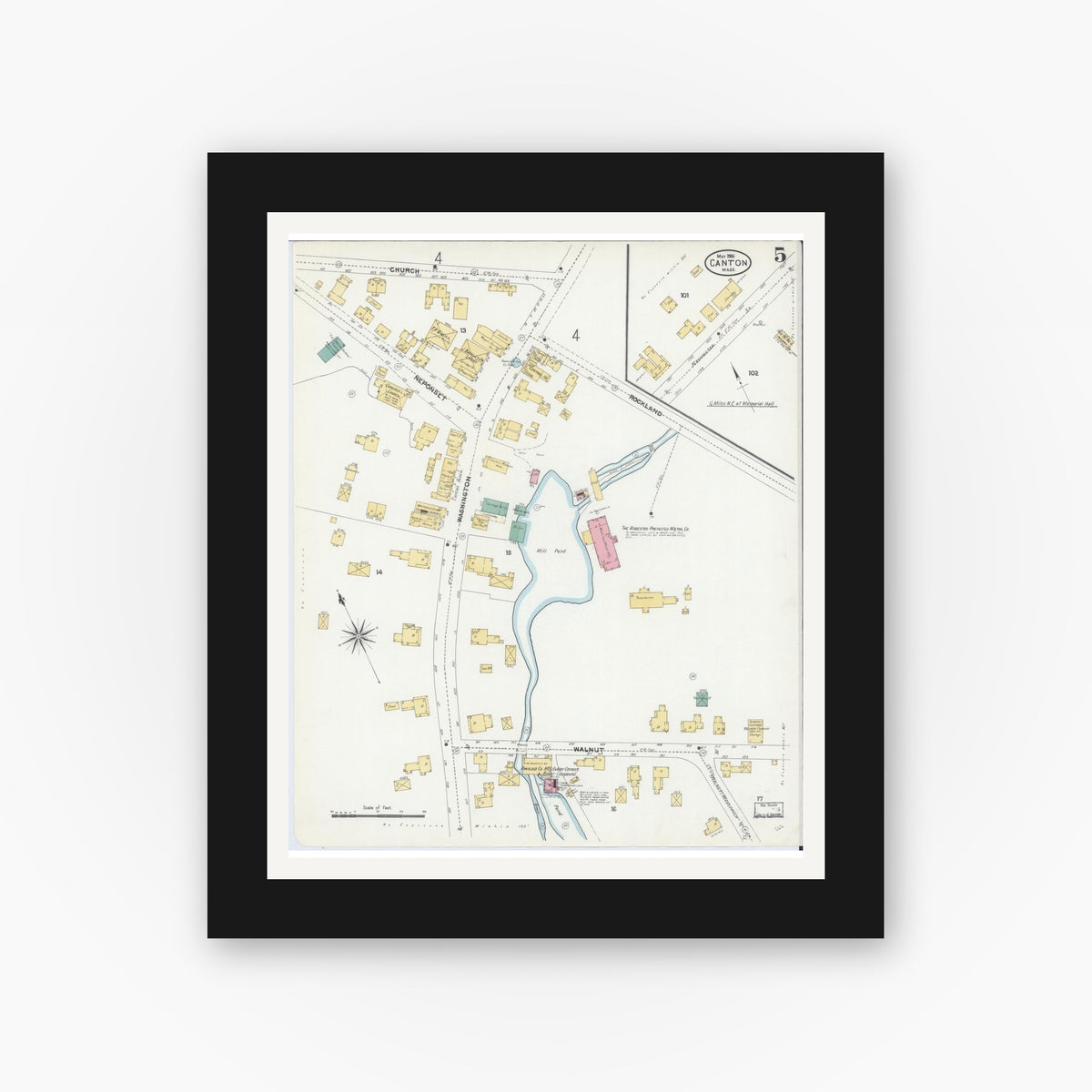 Old map wall art mockup — black gallery frame with white mat — Sanborn Fire Insurance Map from Canton, Norfolk County, Massachusetts (1906), Sheet #0005