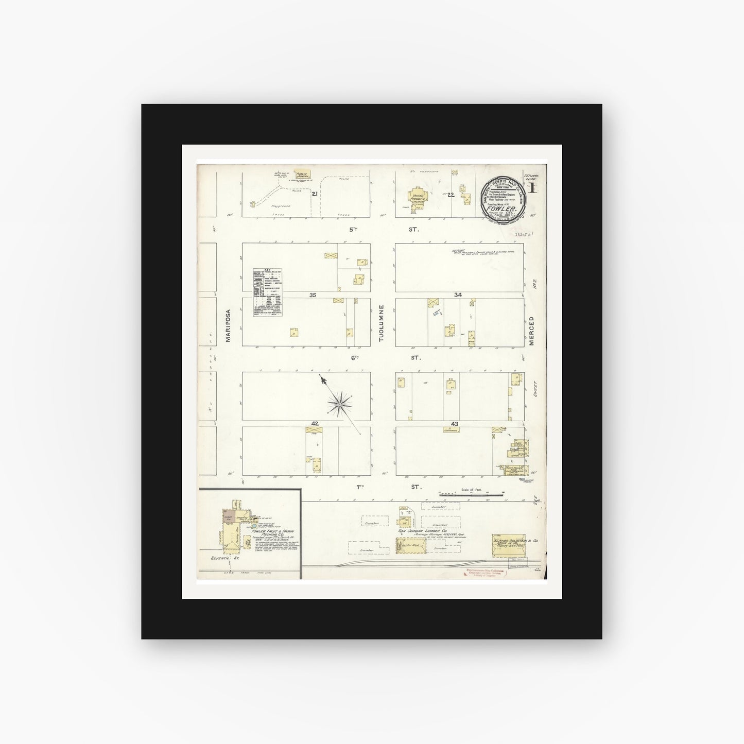 Old map wall art mockup — black gallery frame with white mat — Sanborn Fire Insurance Map from Fowler, Fresno County, California (1891) - Complete Map Set