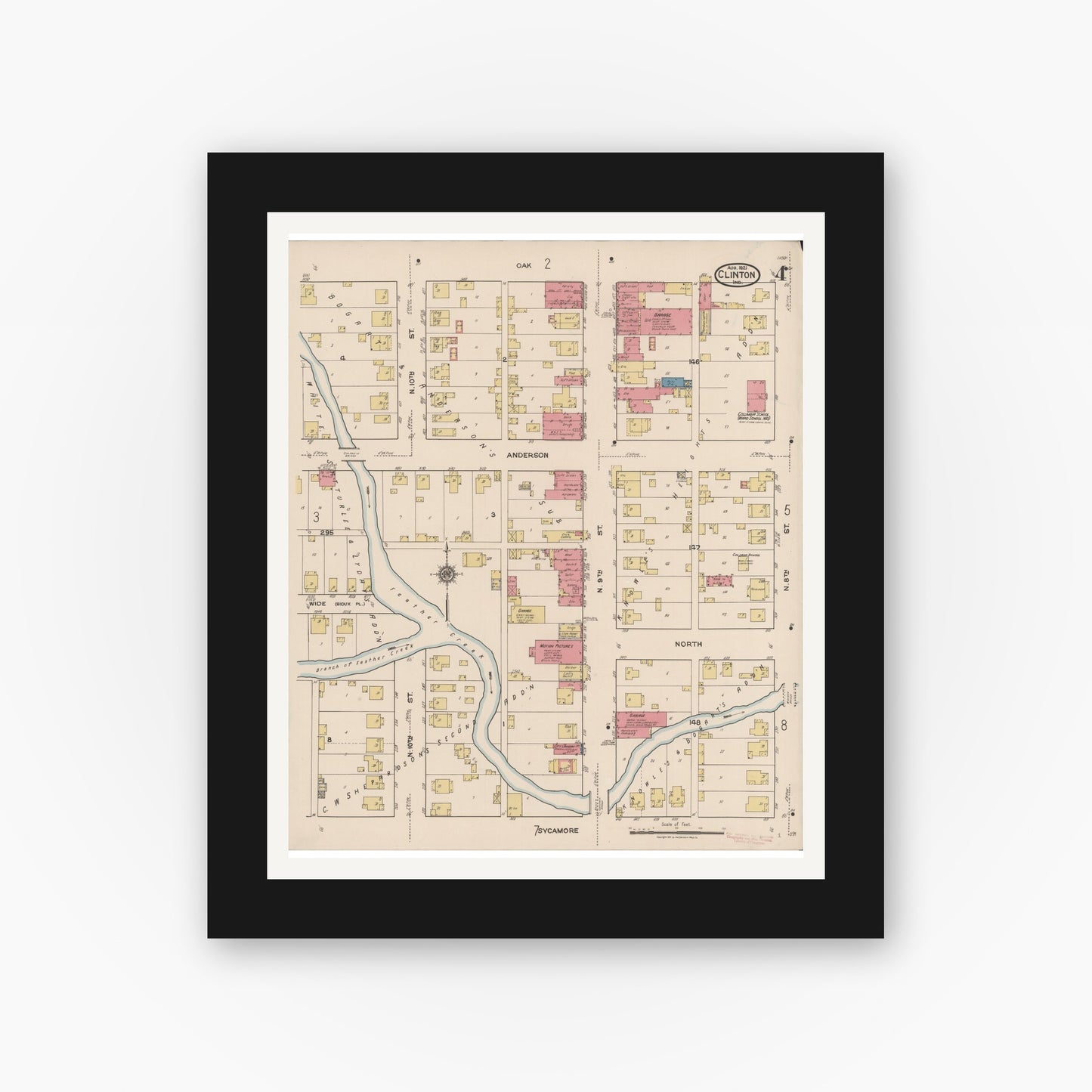 Old map wall art mockup — black gallery frame with white mat — Sanborn Fire Insurance Map from Clinton, Vermillion County, Indiana (1921), Sheet #0004