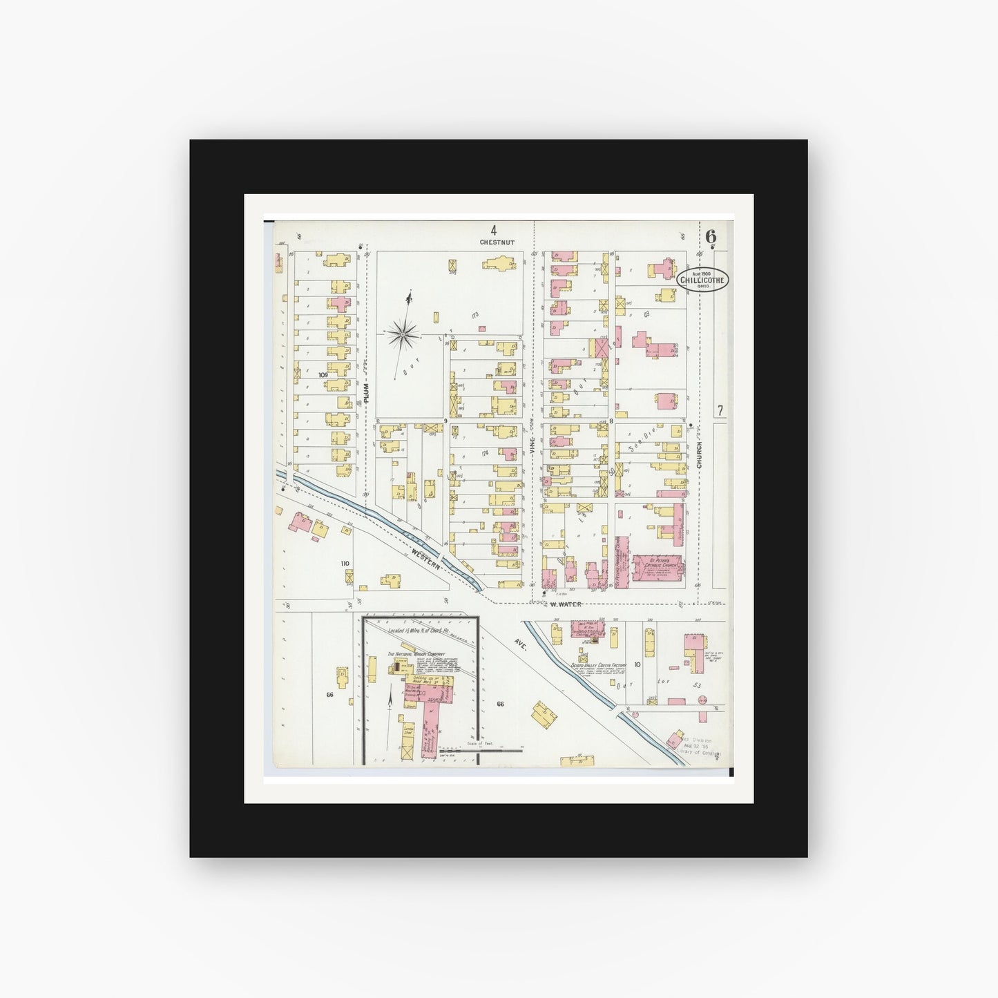 Old map wall art mockup — black gallery frame with white mat — Sanborn Fire Insurance Map from Chillicothe, Ross County, Ohio (1900), Sheet #0006