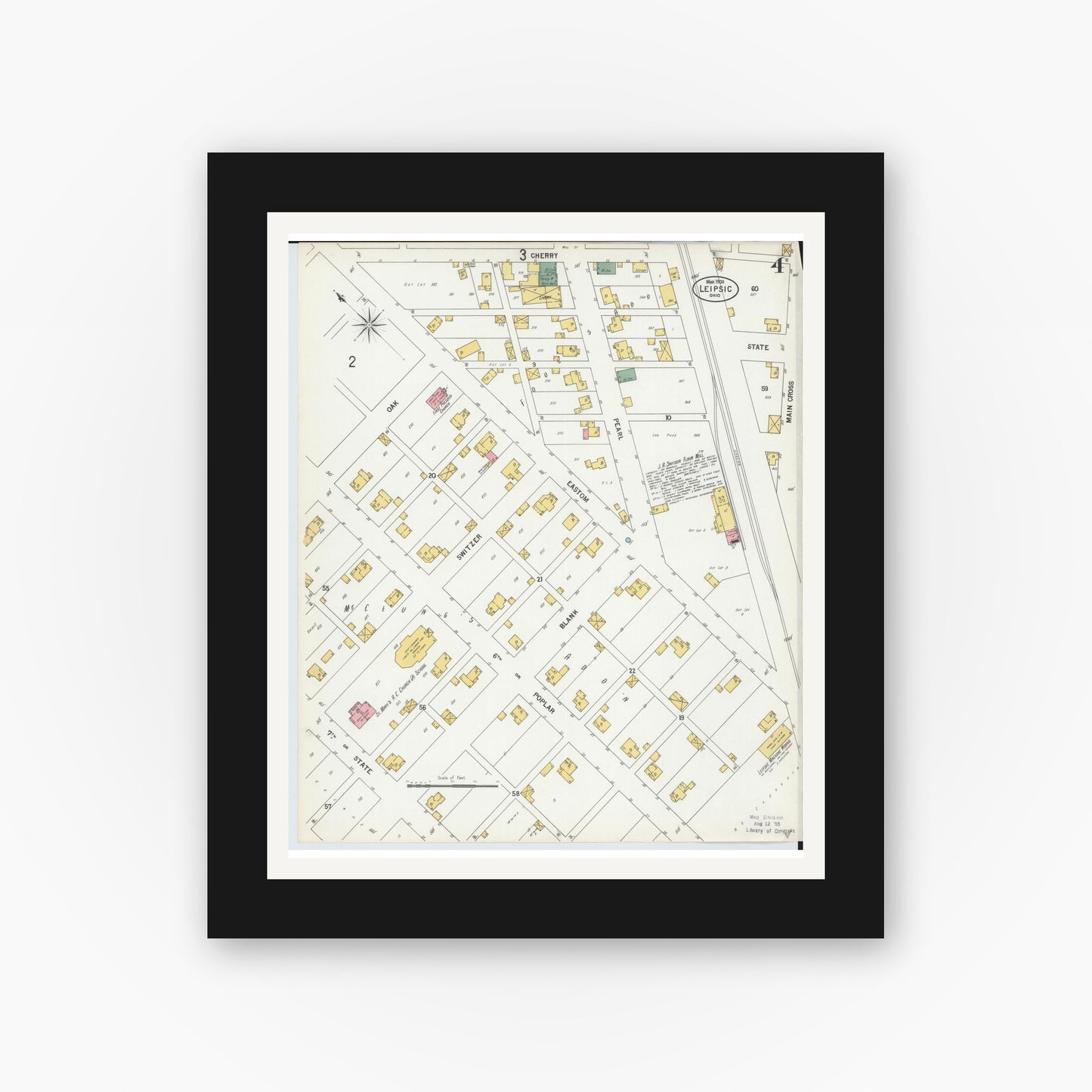 Old map wall art mockup — black gallery frame with white mat — Sanborn Fire Insurance Map from Leipsic, Putnam County, Ohio (1900), Sheet #0004