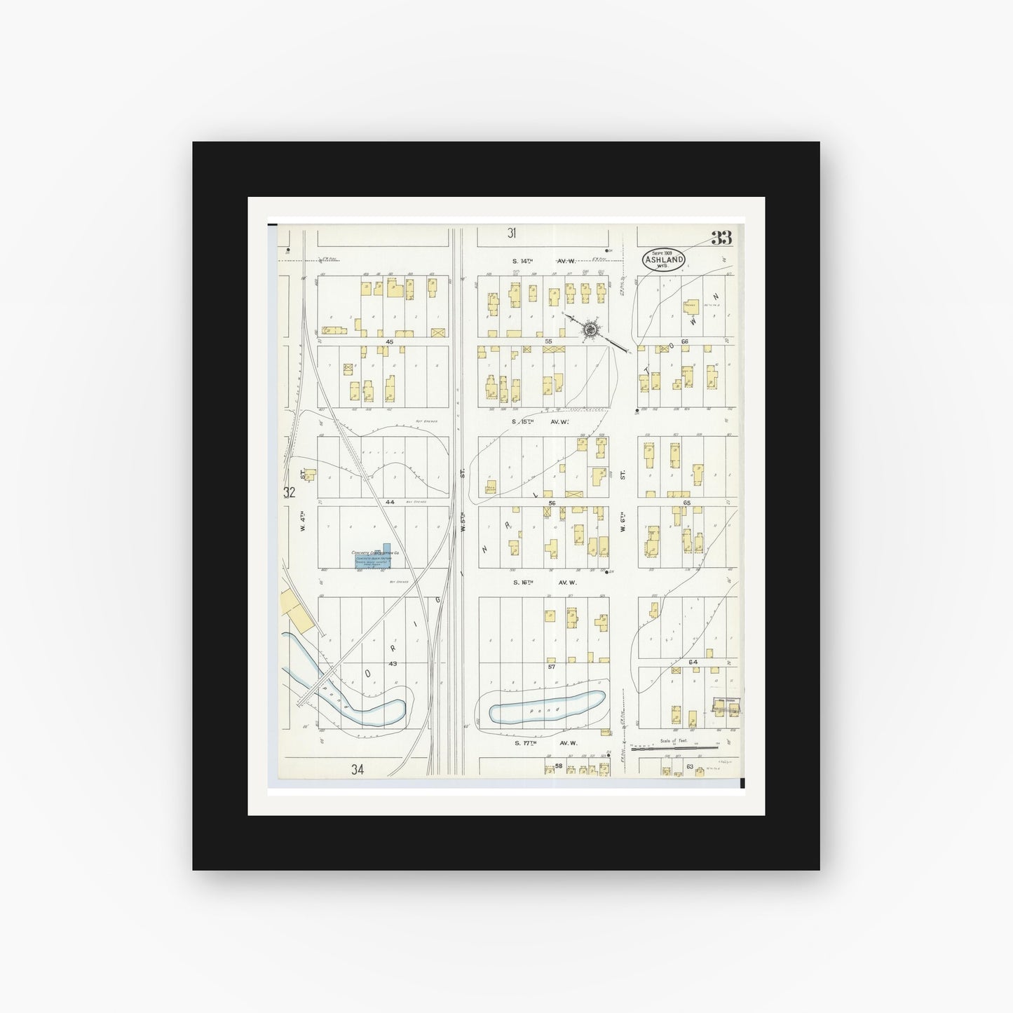Old map wall art mockup — black gallery frame with white mat — Sanborn Fire Insurance Map from Ashland, Ashland County, Wisconsin (1909), Sheet #0033