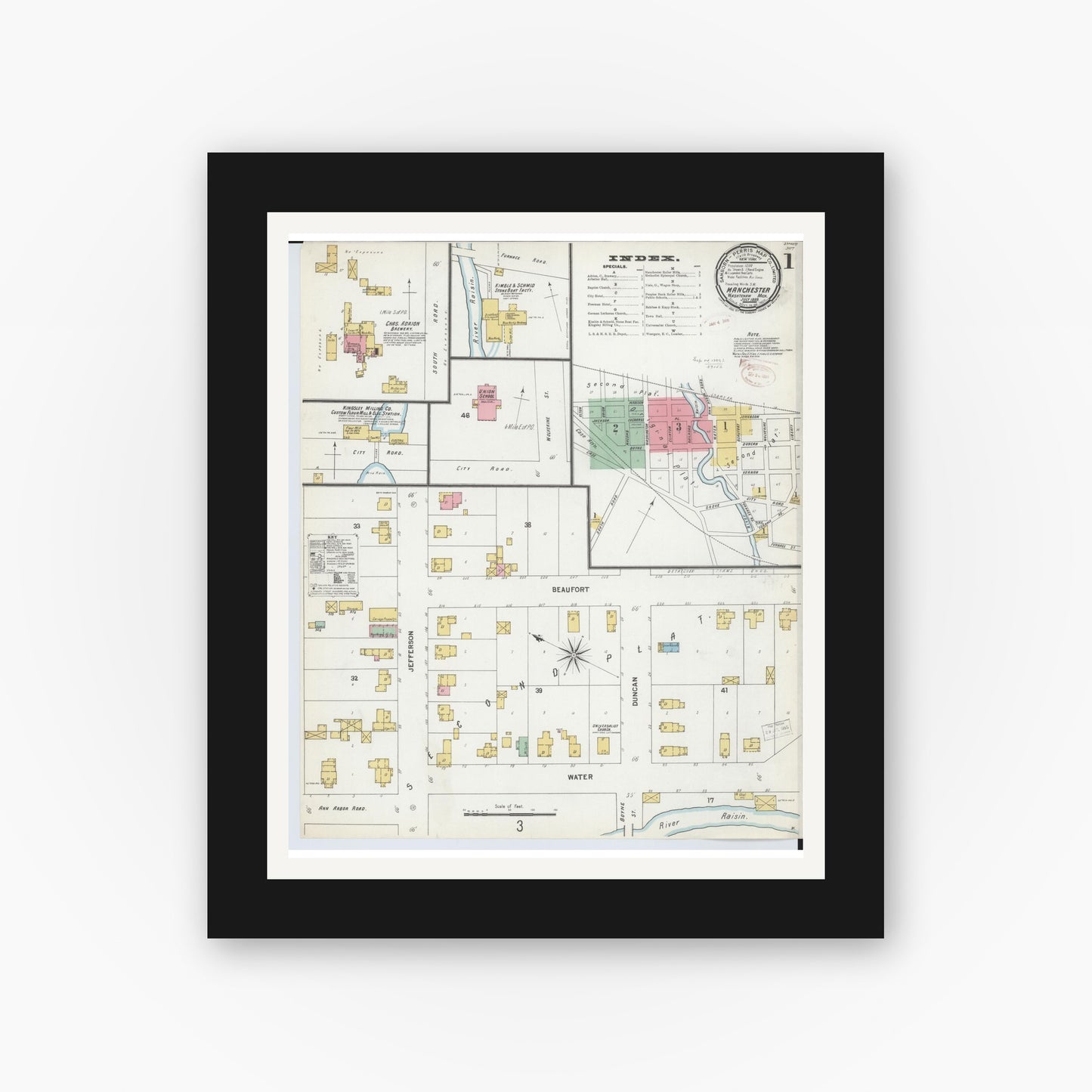 Old map wall art mockup β black gallery frame with white mat β Sanborn Fire Insurance Map from Manchester, Washtenaw County, Michigan (1899) - Complete Map Set