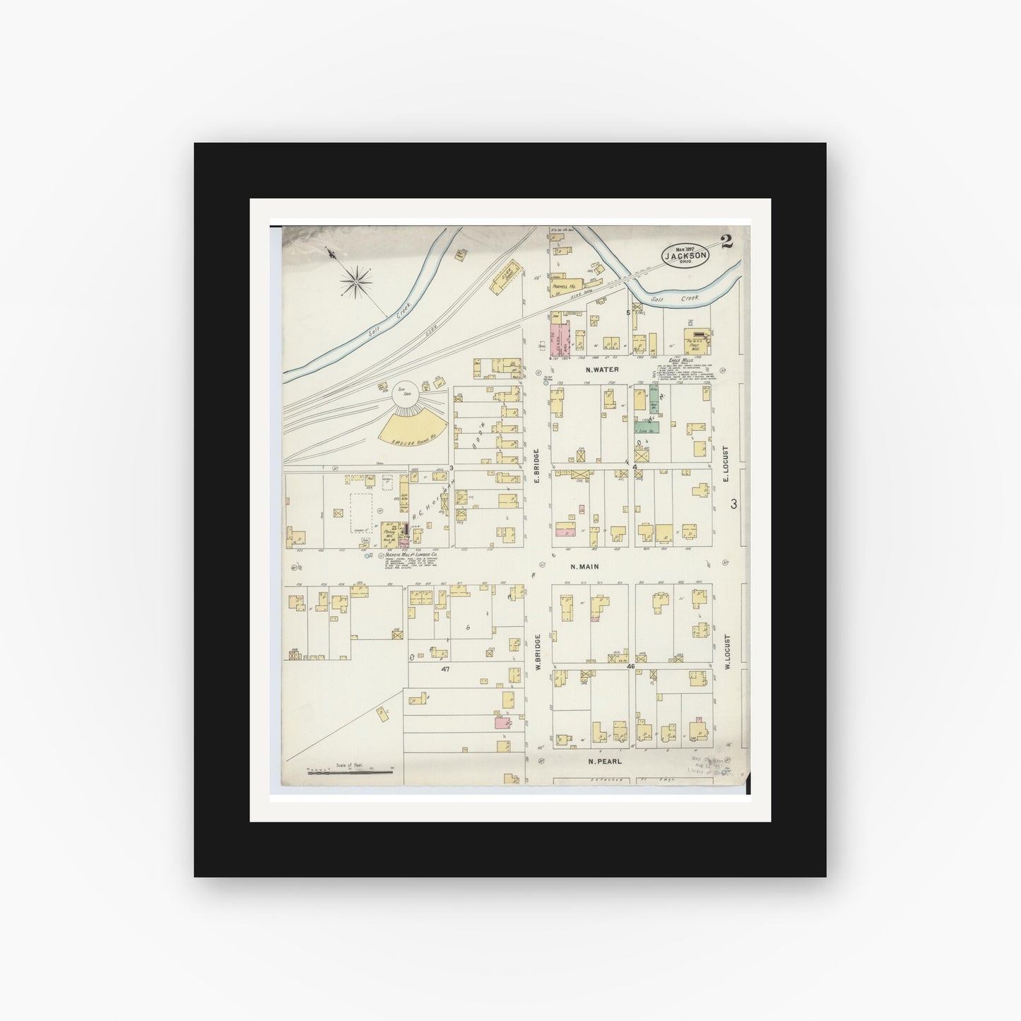 Old map wall art mockup — black gallery frame with white mat — Sanborn Fire Insurance Map from Jackson, Jackson County, Ohio (1897), Sheet #0002