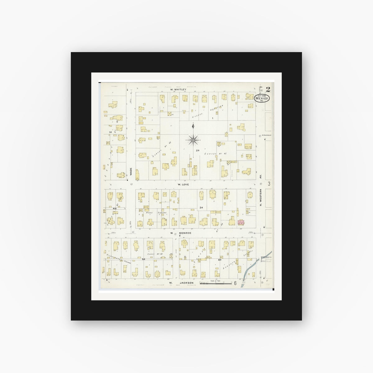Old map wall art mockup — black gallery frame with white mat — Sanborn Fire Insurance Map from Mexico, Audrain County, Missouri (1908), Sheet #0002