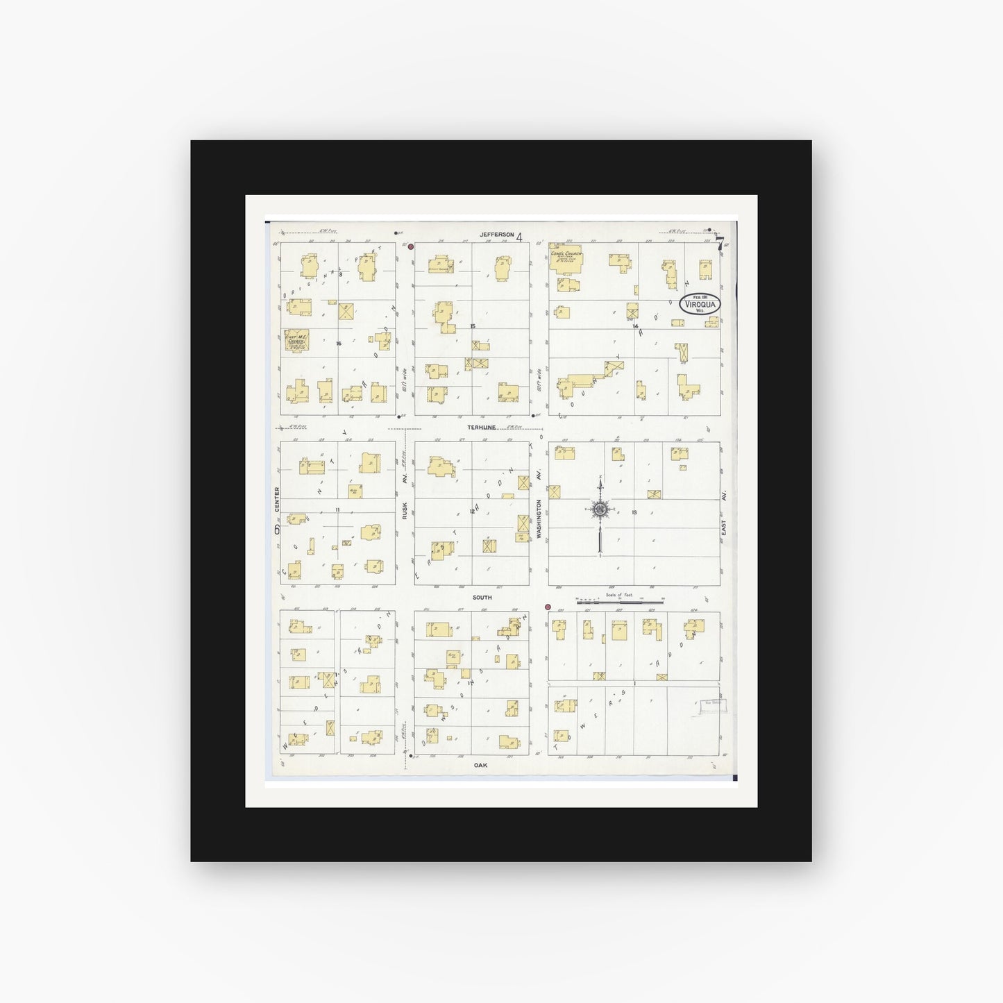 Old map wall art mockup — black gallery frame with white mat — Sanborn Fire Insurance Map from Viroqua, Vernon County, Wisconsin (1911), Sheet #0007