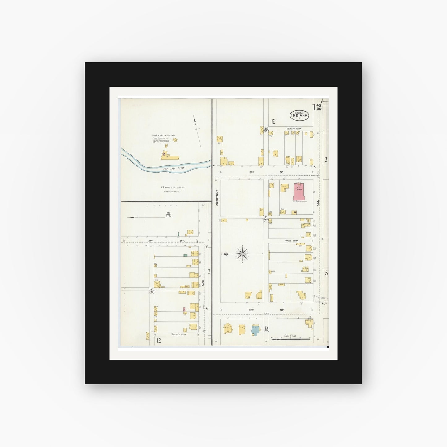 Old map wall art mockup — black gallery frame with white mat — Sanborn Fire Insurance Map from Indiana, Indiana County, Pennsylvania (1903), Sheet #0012