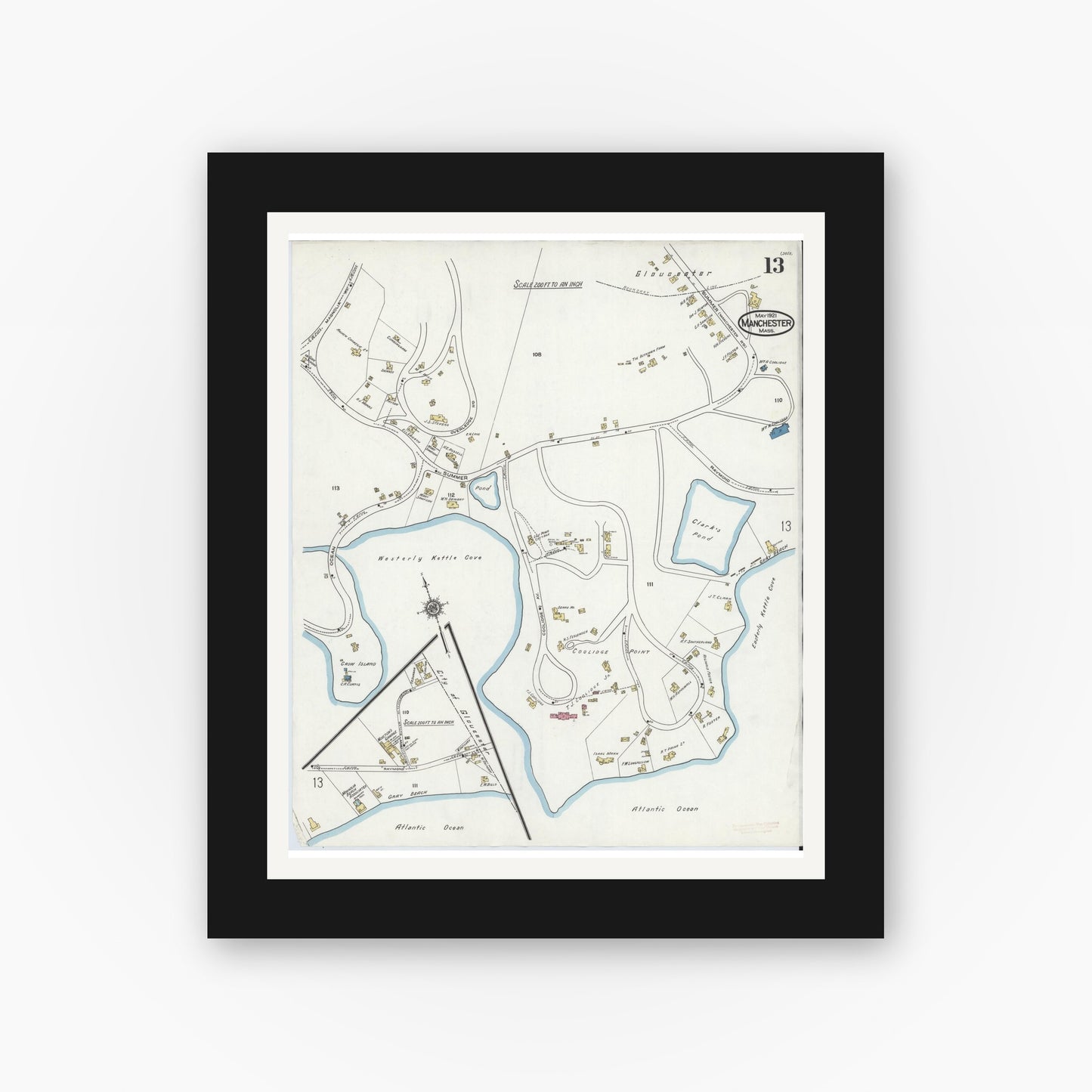 Old map wall art mockup — black gallery frame with white mat — Sanborn Fire Insurance Map from Manchester, Essex County, Massachusetts (1921), Sheet #0013