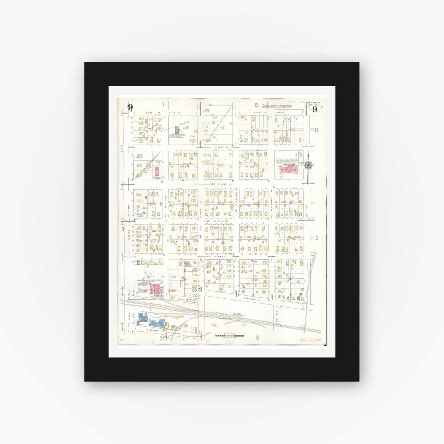 Old map wall art mockup β black gallery frame with white mat β Sanborn Fire Insurance Map from Spencer, Clay County, Iowa (1946), Sheet #0009