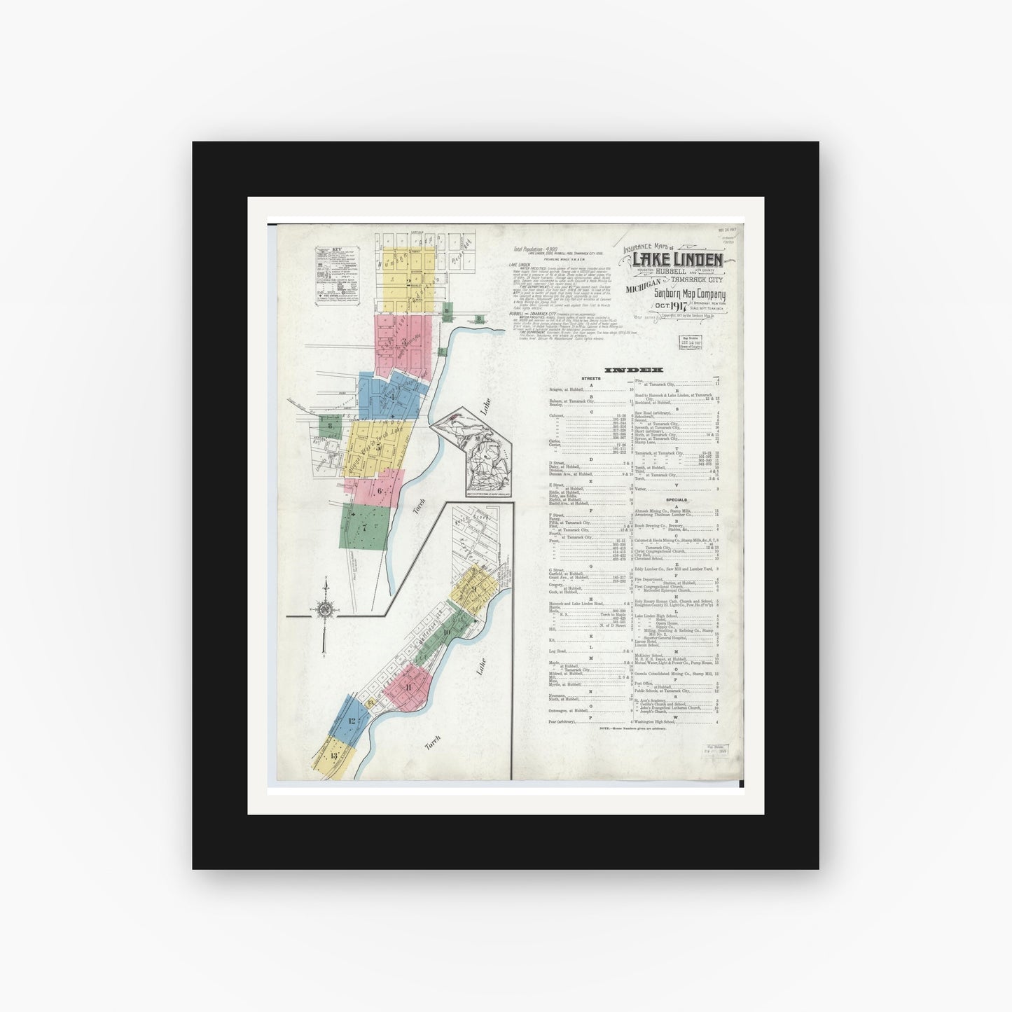 Old map wall art mockup — black gallery frame with white mat — Sanborn Fire Insurance Map from Lake Linden, Houghton County, Michigan (1917) - Complete Map Set