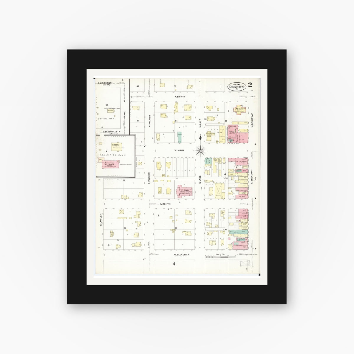 Old map wall art mockup — black gallery frame with white mat — Sanborn Fire Insurance Map from Emmetsburg, Palo Alto County, Iowa (1907), Sheet #0002