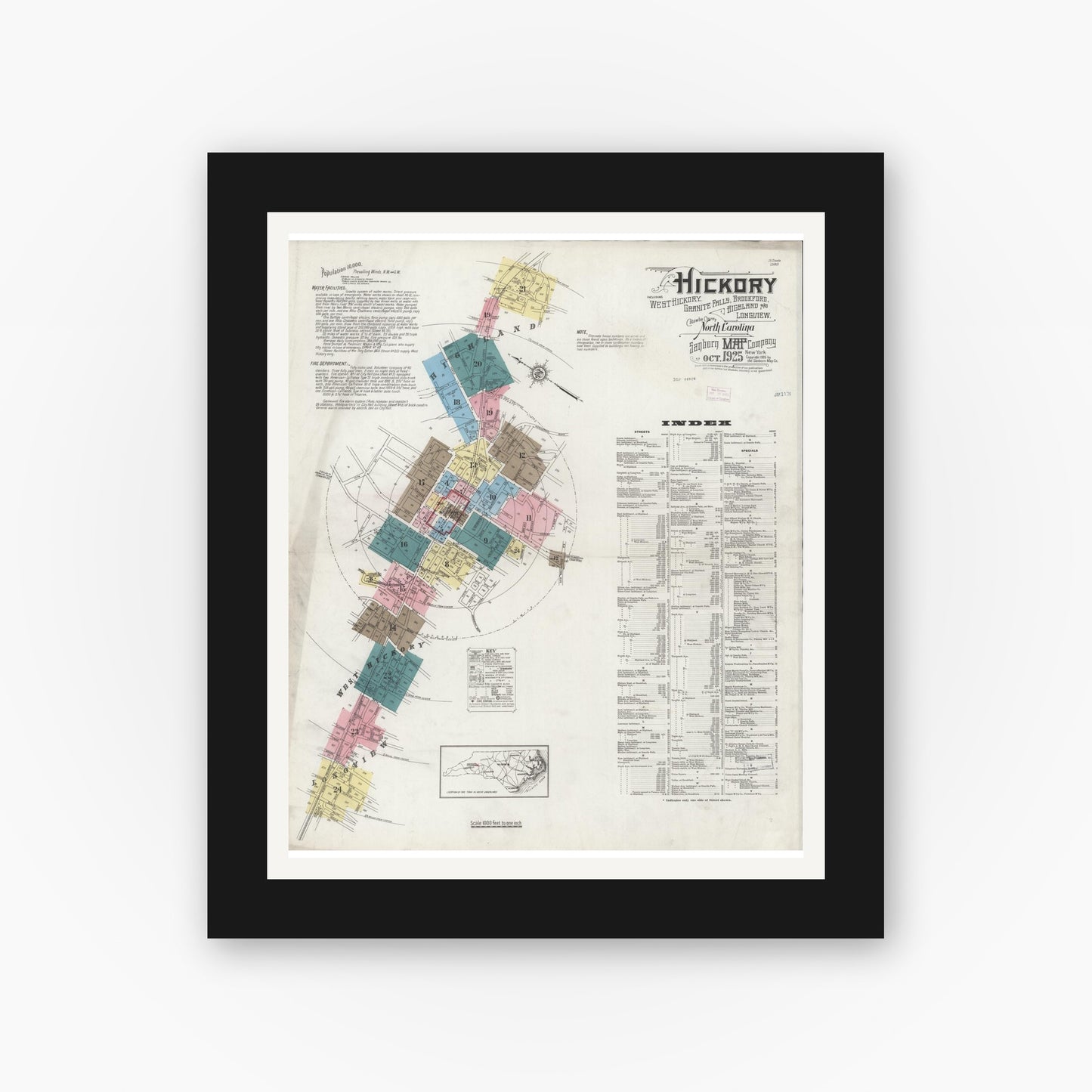 Old map wall art mockup — black gallery frame with white mat — Sanborn Fire Insurance Map from Hickory, Catawba County, North Carolina (1925) - Complete Map Set