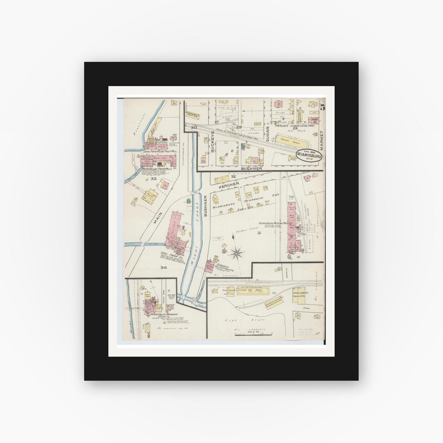 Old map wall art mockup — black gallery frame with white mat — Sanborn Fire Insurance Map from Miamisburg, Montgomery County, Ohio (1886), Sheet #0005