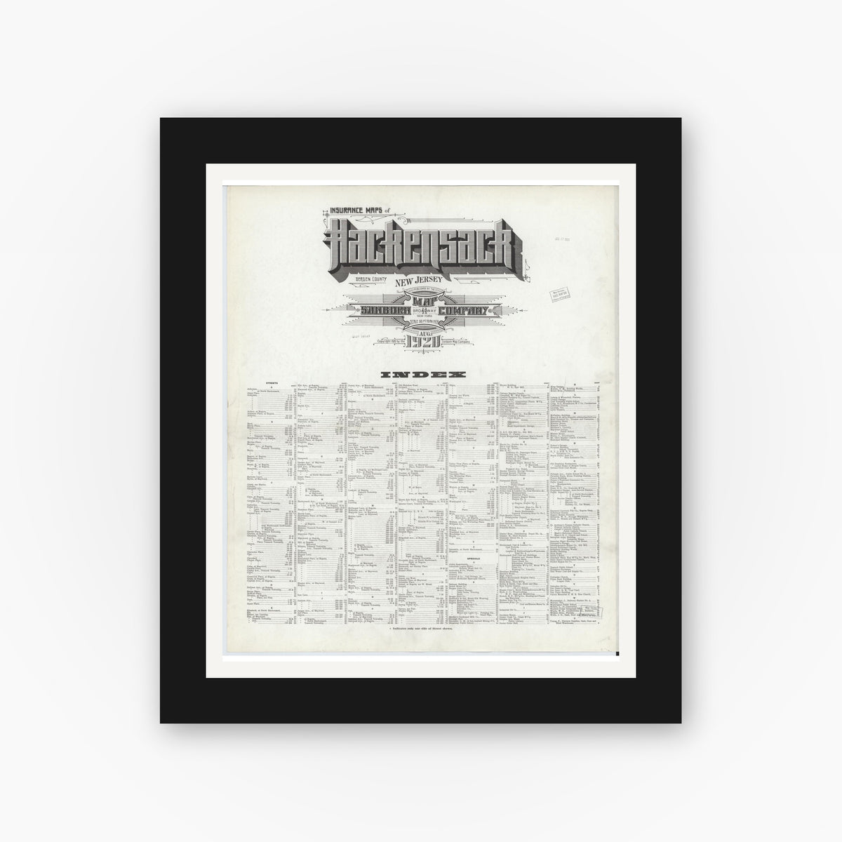 Old map wall art mockup — black gallery frame with white mat — Sanborn Fire Insurance Map from Hackensack, Bergen County, New Jersey (1920), Sheet #0001
