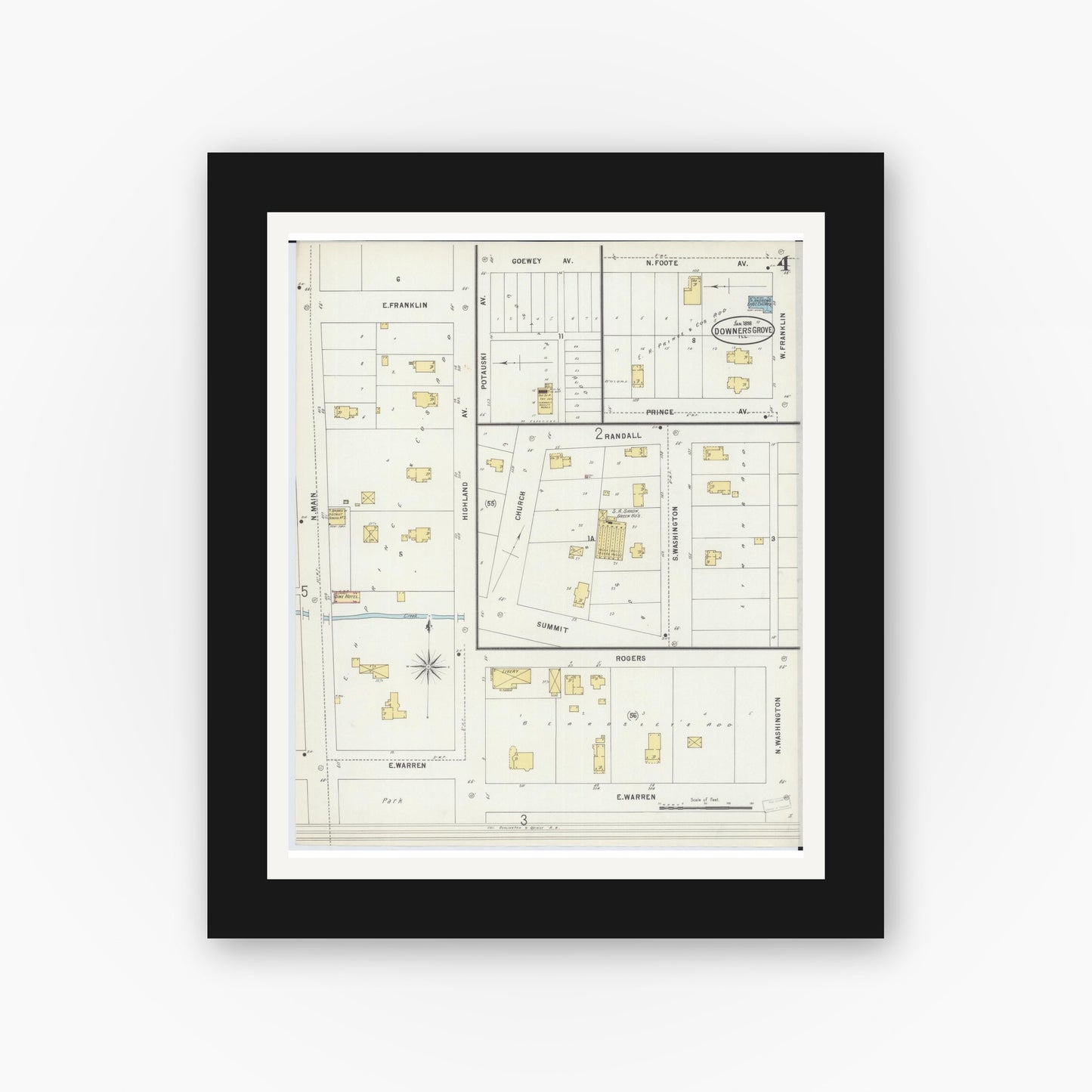 Old map wall art mockup — black gallery frame with white mat — Sanborn Fire Insurance Map from Downers Grove, Dupage County, Illinois (1898), Sheet #0004