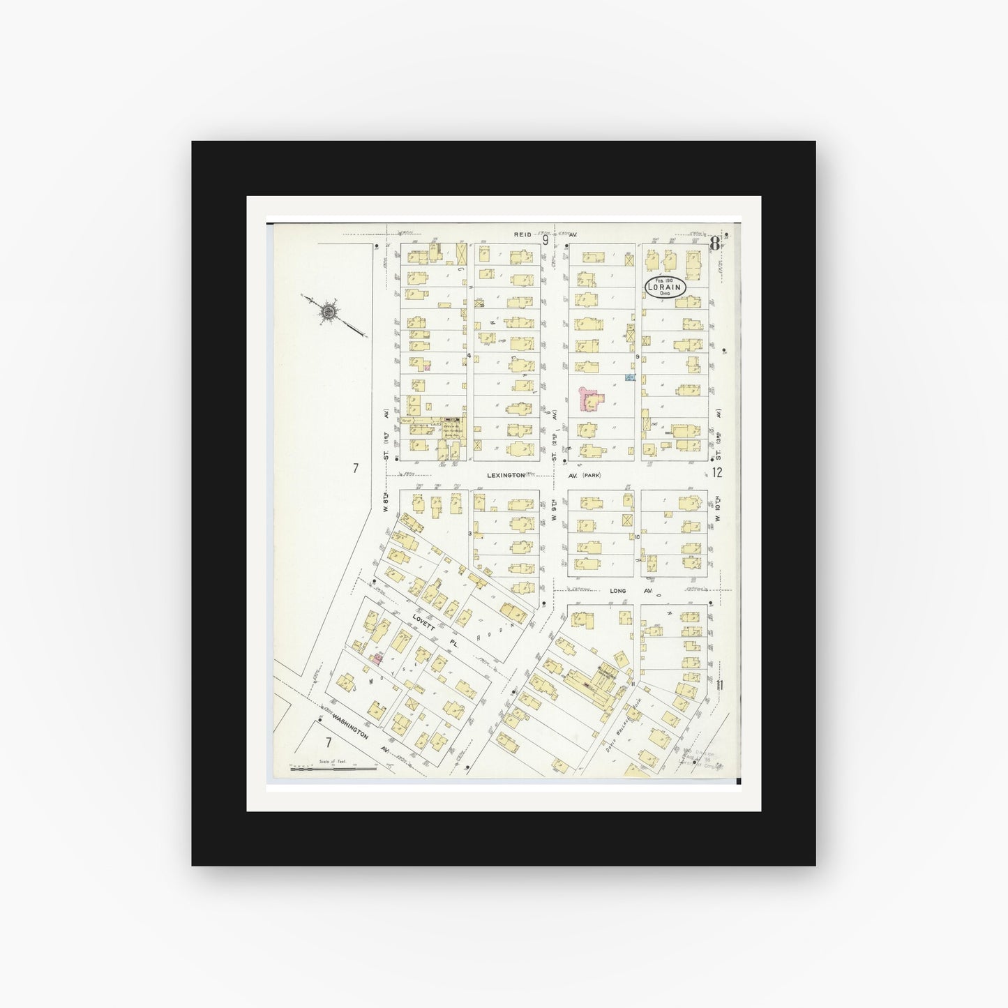 Old map wall art mockup — black gallery frame with white mat — Sanborn Fire Insurance Map from Lorain, Lorain County, Ohio (1910), Sheet #0008