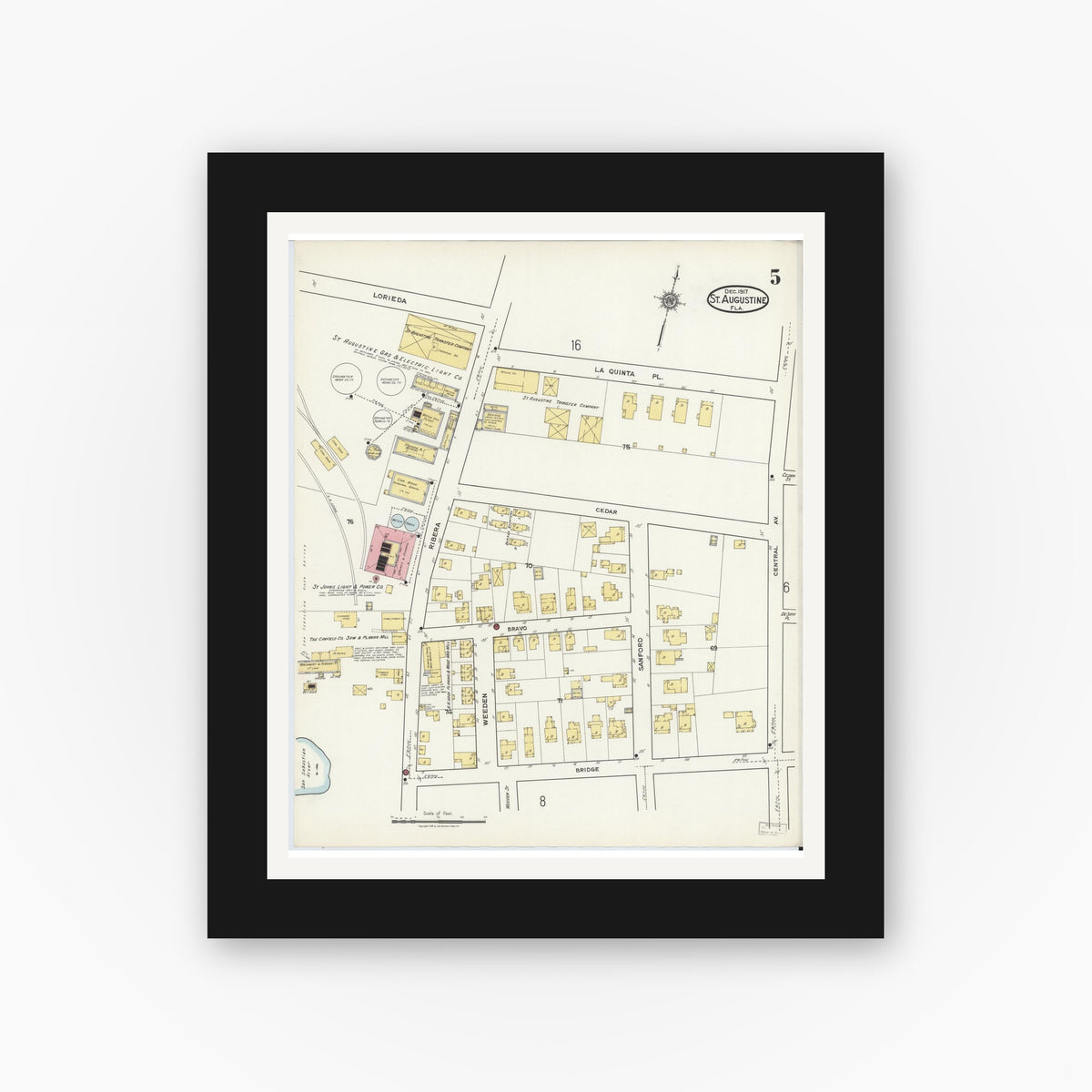 Old map wall art mockup — black gallery frame with white mat — Sanborn Fire Insurance Map from Saint Augustine, Saint John's County, Florida (1917), Sheet #0005