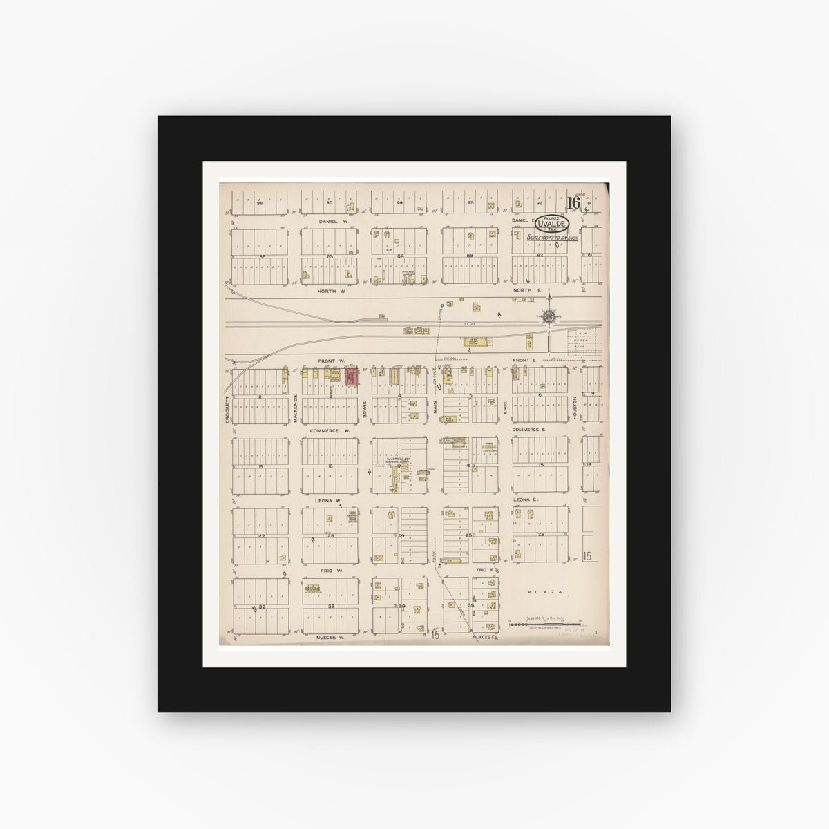 Old map wall art mockup — black gallery frame with white mat — Sanborn Fire Insurance Map from Uvalde, Uvalde County, Texas (1922), Sheet #0016