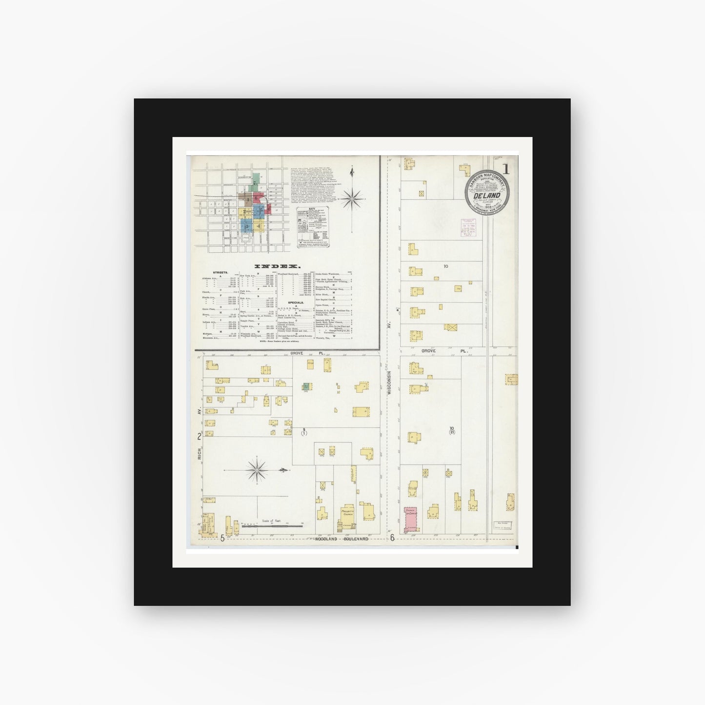 Old map wall art mockup — black gallery frame with white mat — Sanborn Fire Insurance Map from De Land, Volusia County, Florida (1903) - Complete Map Set