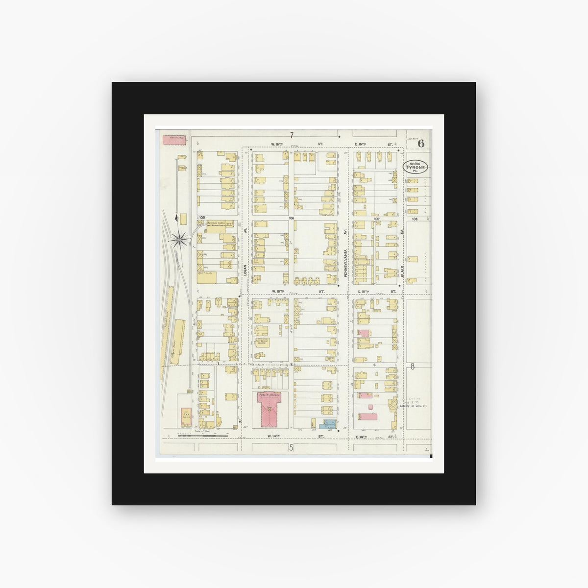 Old map wall art mockup — black gallery frame with white mat — Sanborn Fire Insurance Map from Tyrone, Blair County, Pennsylvania (1906), Sheet #0006