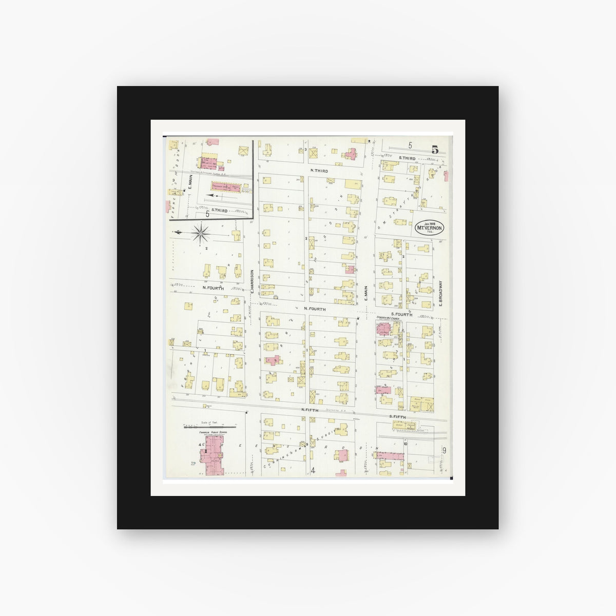 Old map wall art mockup — black gallery frame with white mat — Sanborn Fire Insurance Map from Mount Vernon, Jefferson County, Illinois (1908), Sheet #0005