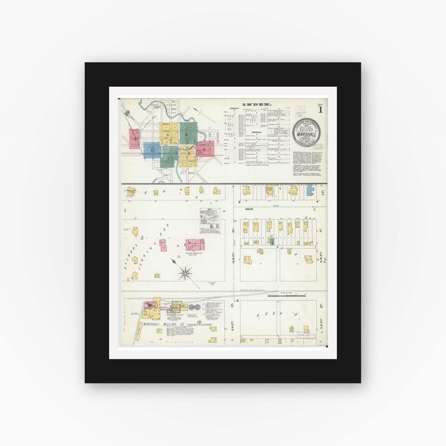 Old map wall art mockup — black gallery frame with white mat — Sanborn Fire Insurance Map from Marshall, Lyon County, Minnesota (1902), Sheet #0001